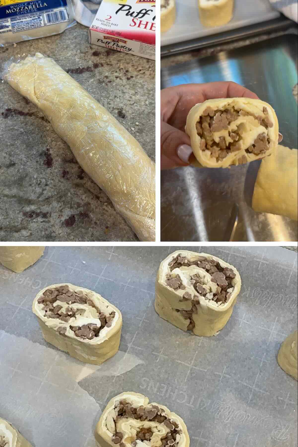 puff pastry sausage pinwheels cut into pieces and placed on parchment paper lined baking sheet