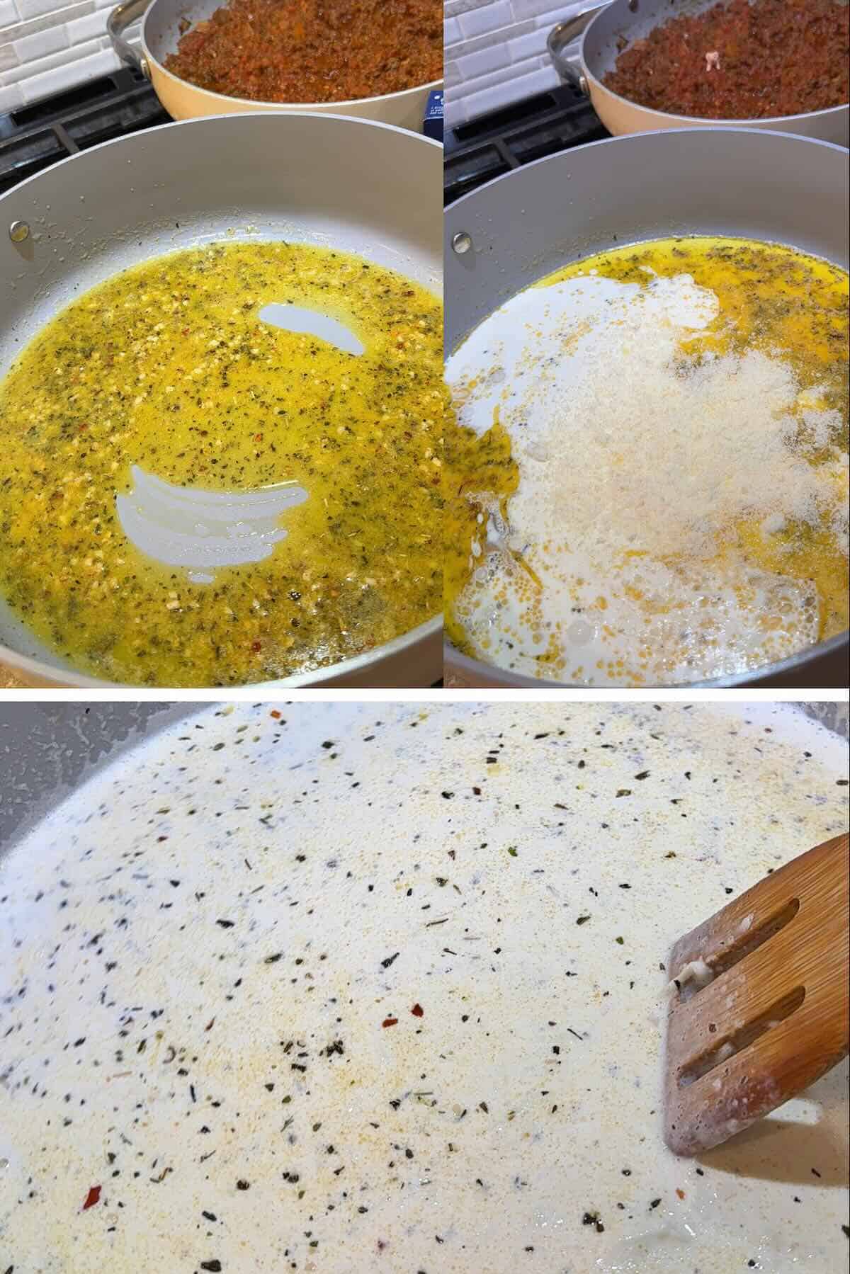 melted seasoned butter with parmesan cheese, mozzarella cheese and heavy cream poured in