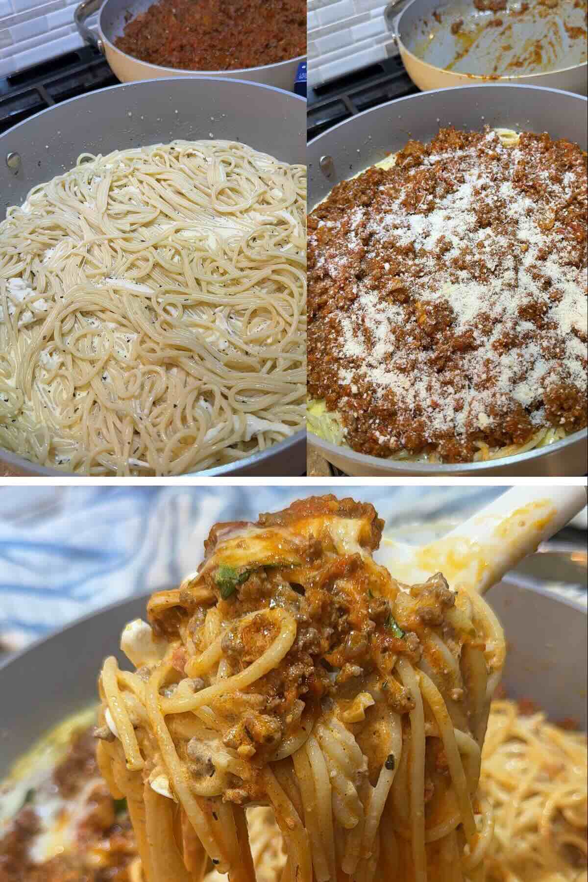 spaghetti mixed in cowboy butter topped with ground beef and tomato sauce and cheese then baked