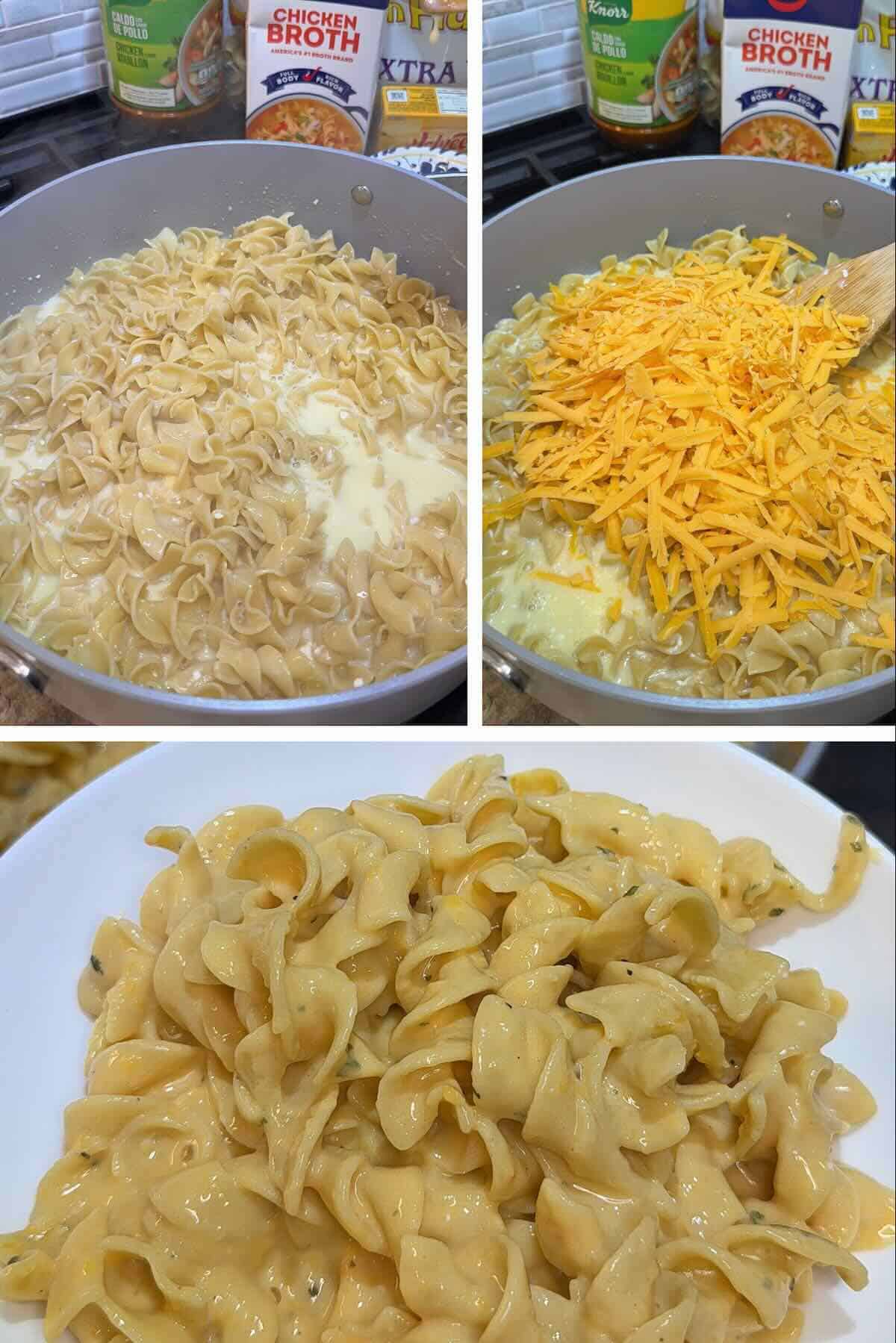 egg noodles cooked in broth with melted cheddar cheese