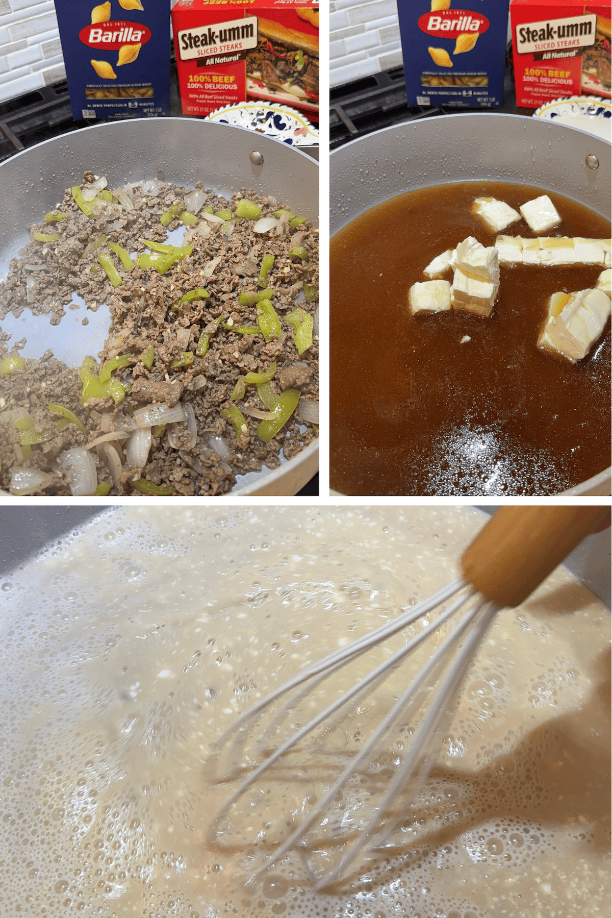 beef and cream cheese in skillet mixed together