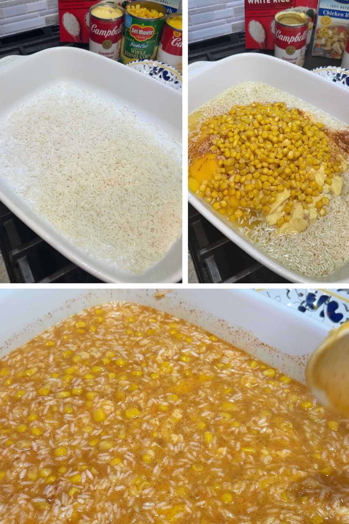 rice in baking dish topped with cream of soups, chicken broth and corn then stirred all together