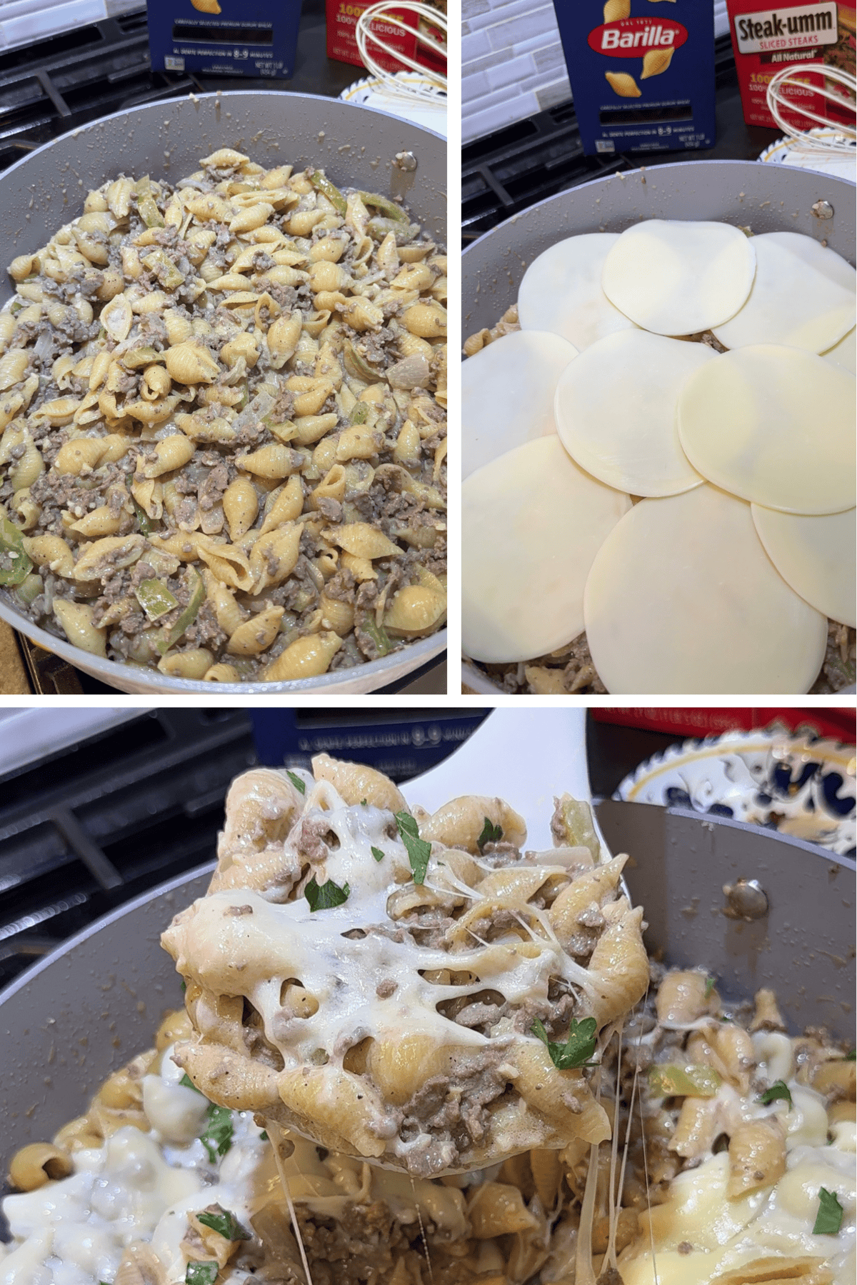 cheese steak pasta covered in melted provolone cheese