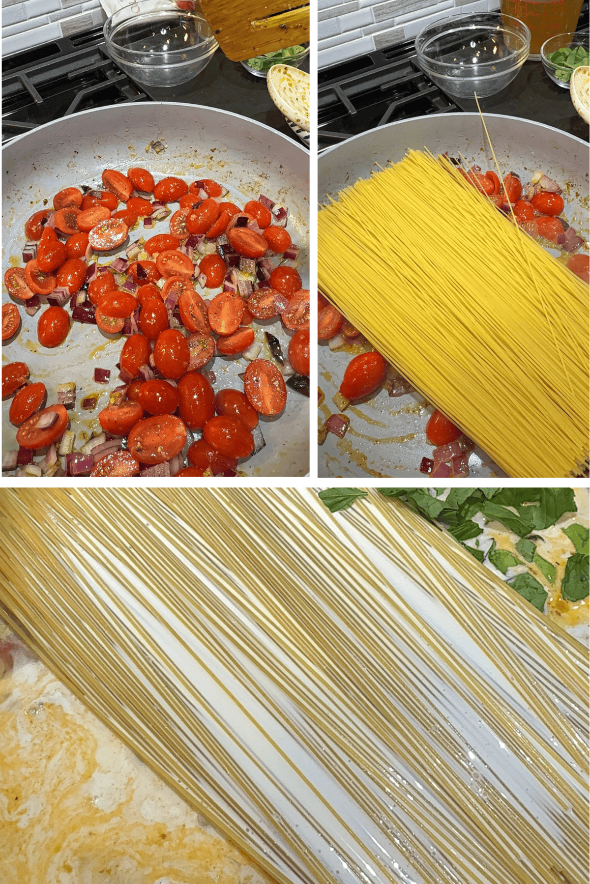 cherry tomatoes, red onion and garlic sauteed in skillet with pasta, heavy cream and chicken broth added