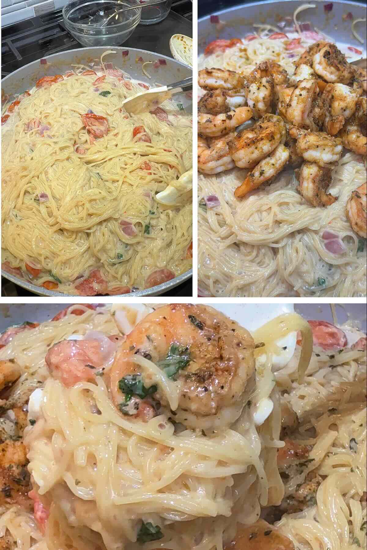 shrimp added to skillet with fresh lemon juice and parsley.