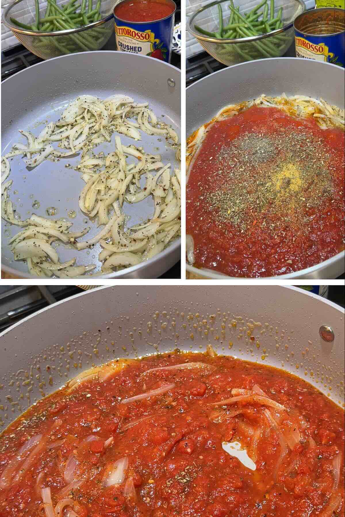 Sauteed onion and garlic stirred into seasoned tomato sauce and chicken broth