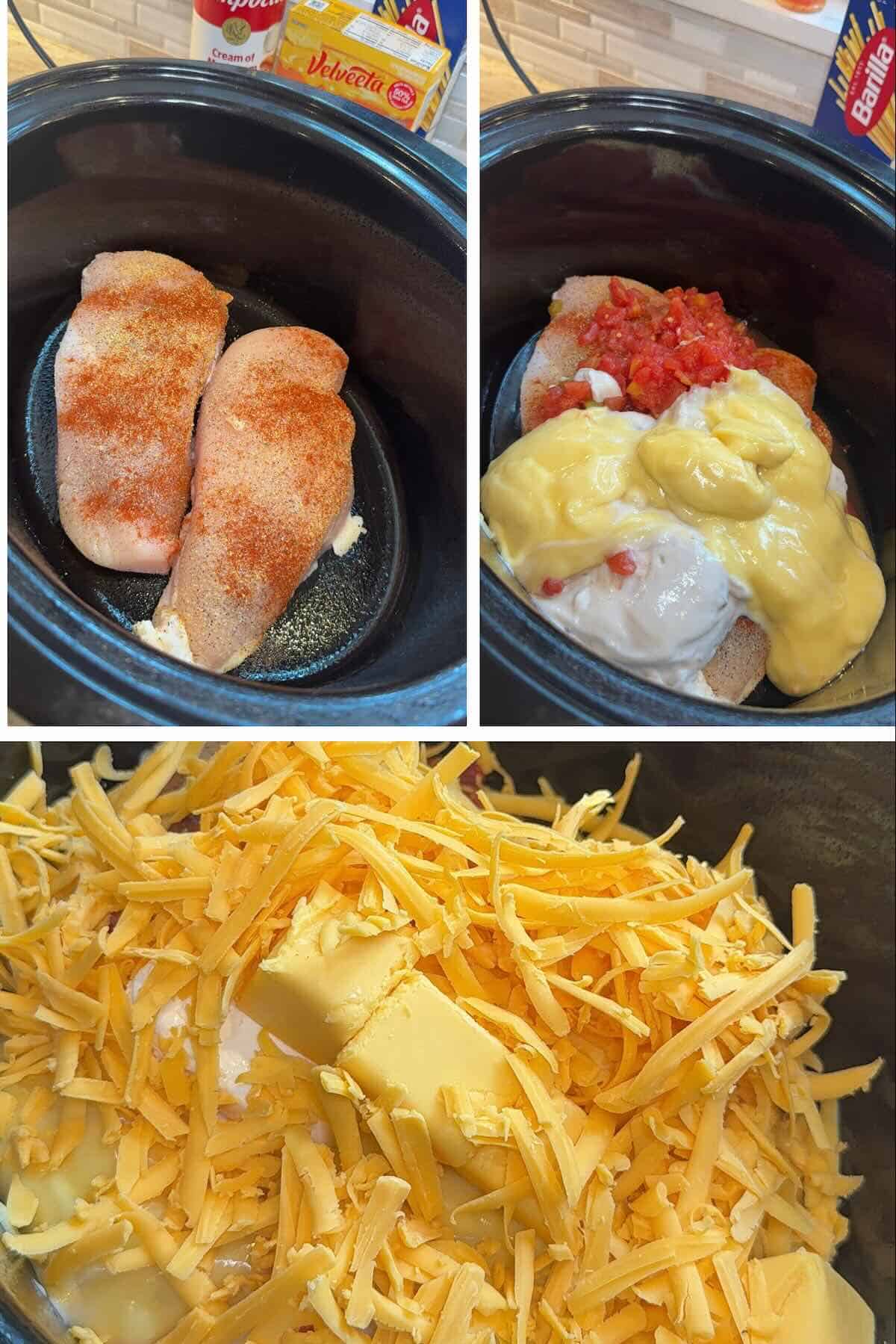 seasoned chicken added to the crockpot and topped with rotel, cream of mushroom soup, cream of chicken soup, velveeta and shredded cheese
