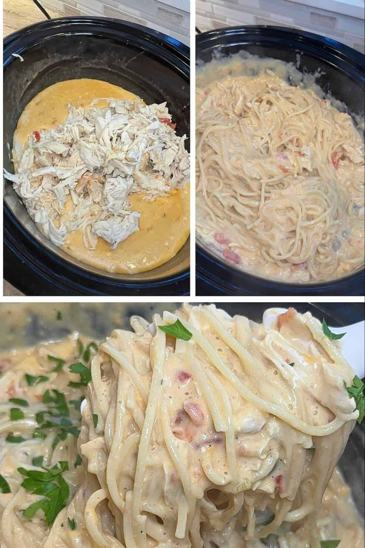shredded chicken added to the crockpot, tossed with spaghetti and a creamy, cheesy sauce.
