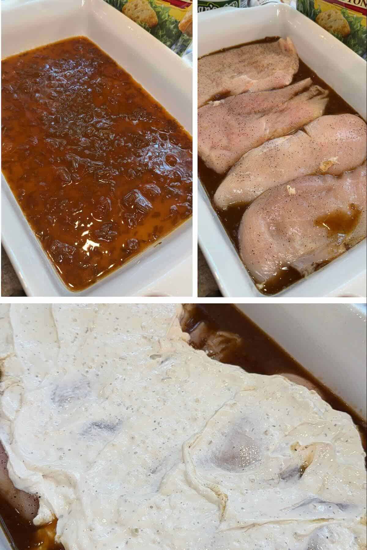 French onion soup on the bottom of a baking dish topped with seasoned chicken and french onion dip