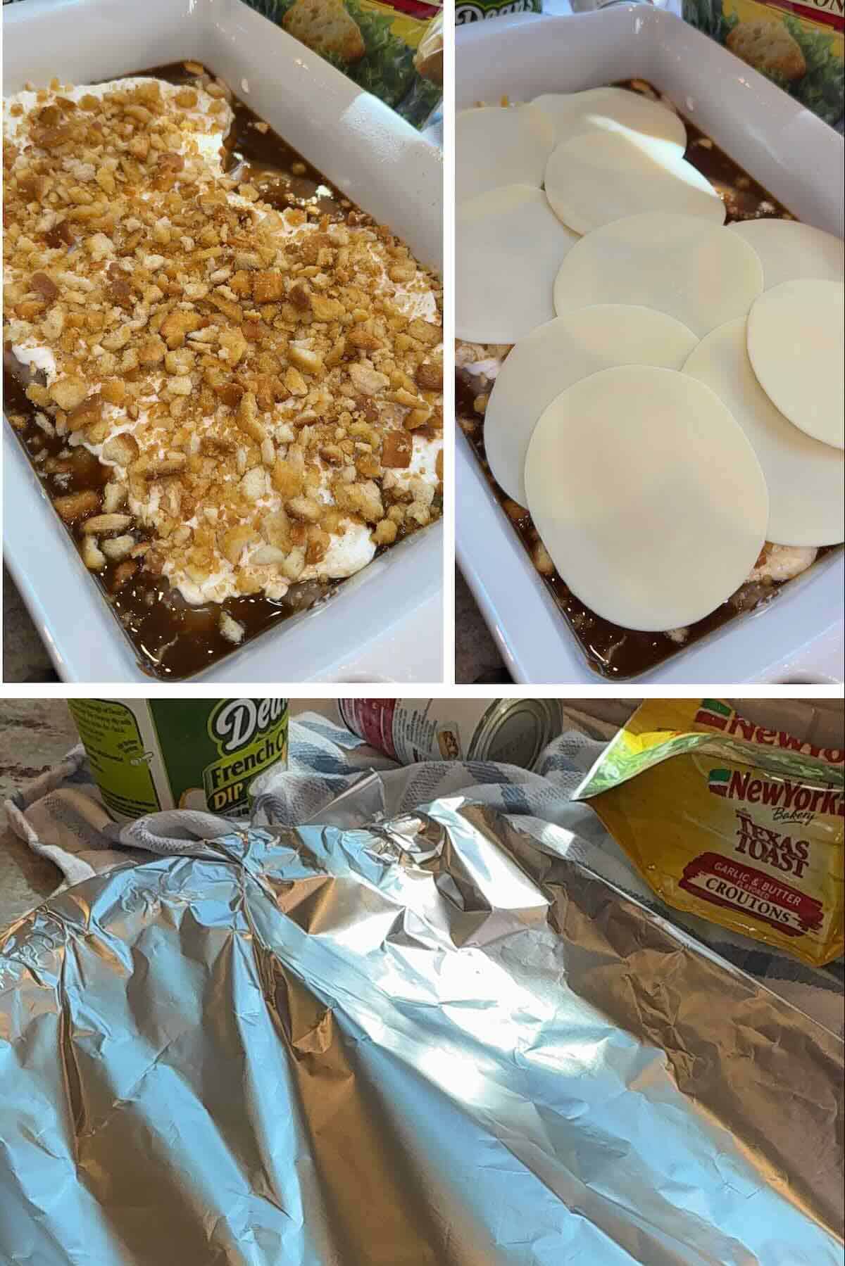 Chicken breast topped with crushed croutons and provolone cheese