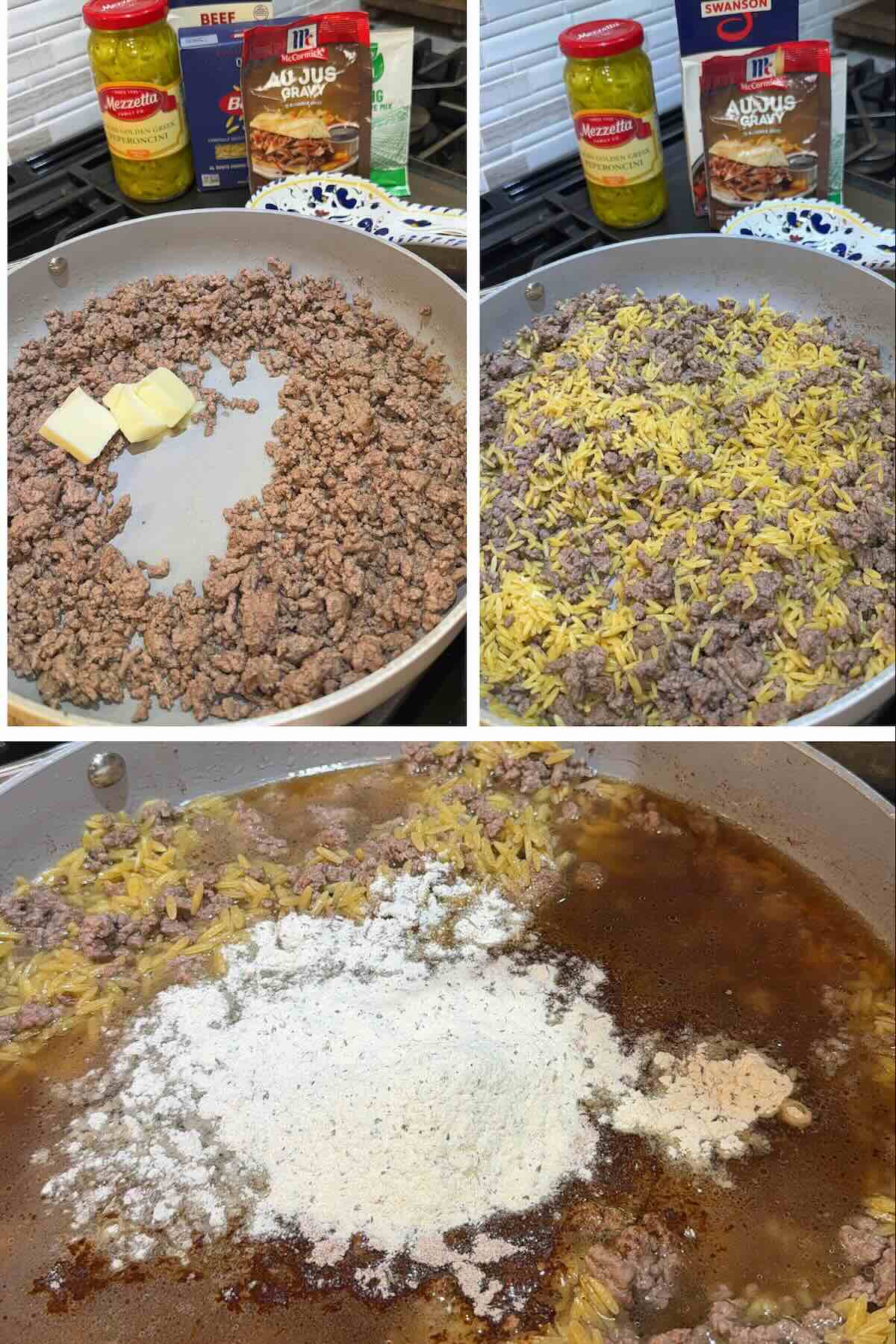 ground beef and orzo in skillet with seasoning and beef broth