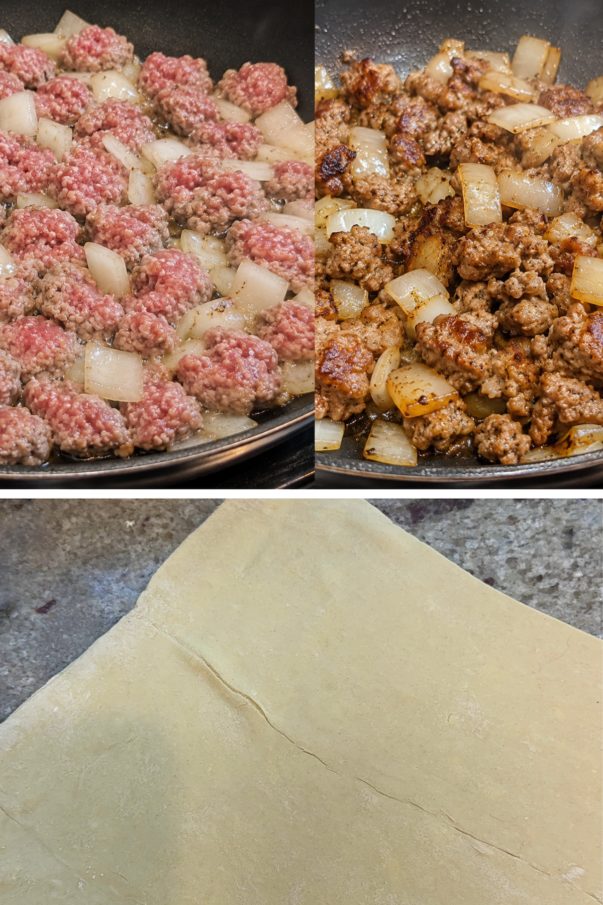 sausage and onion cooking in a skillet