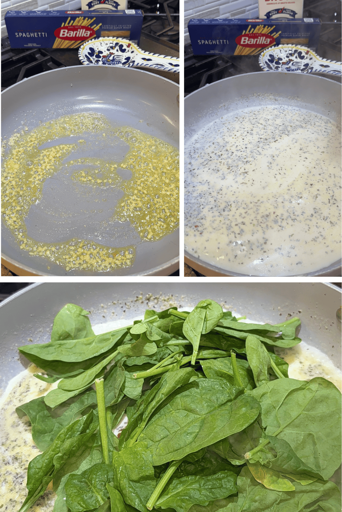 large skillet with butter, garlic, chicken broth, heavy cream, sun dried tomatoes and spinach being simmered