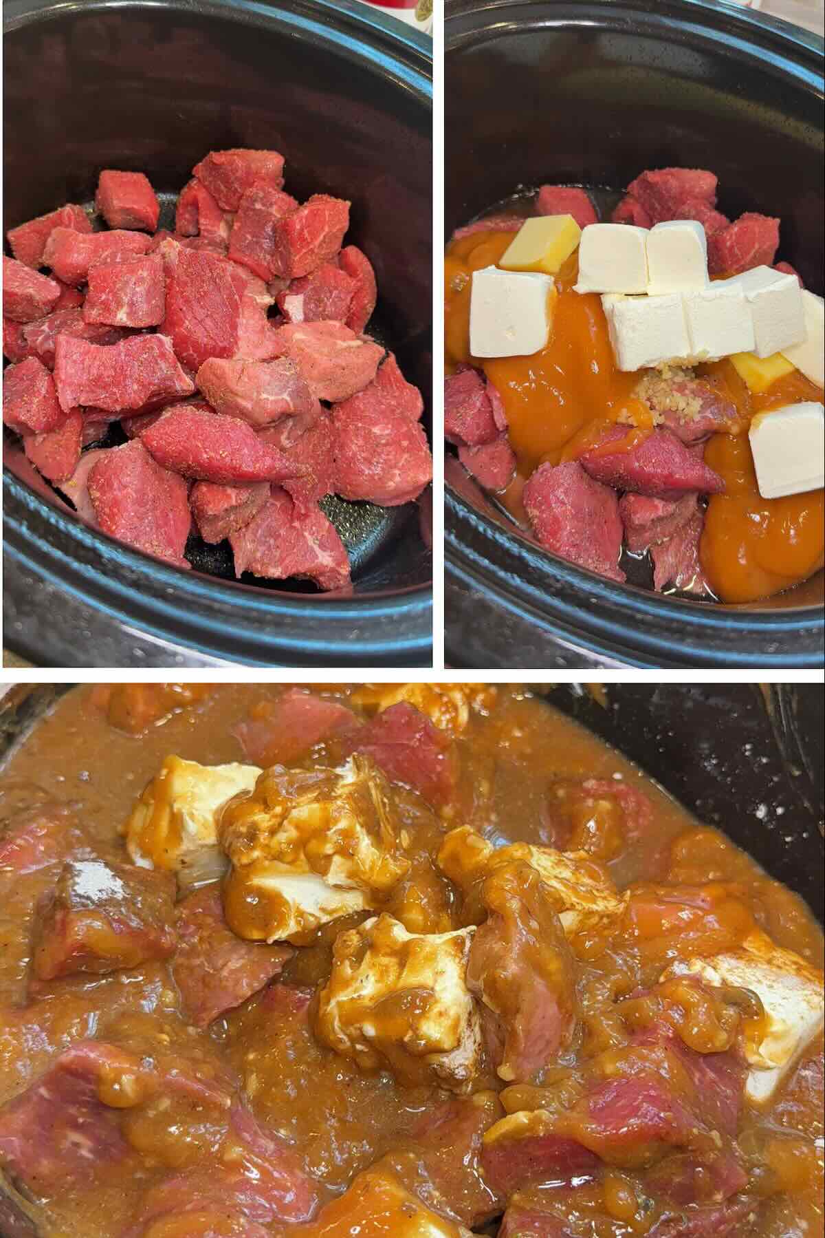 seasoned beef in crockpot topped with golden mushroom soup, beef broth, cream cheese and butter