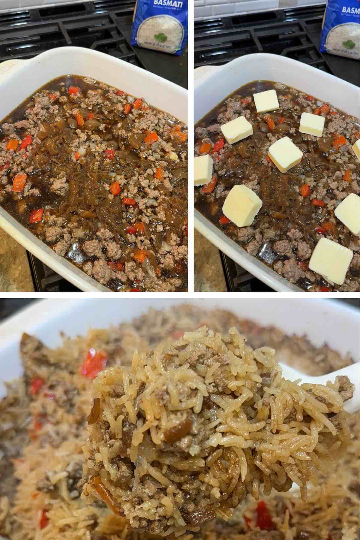 beef consomme and french onion soup poured over rice and beef mixture then baked