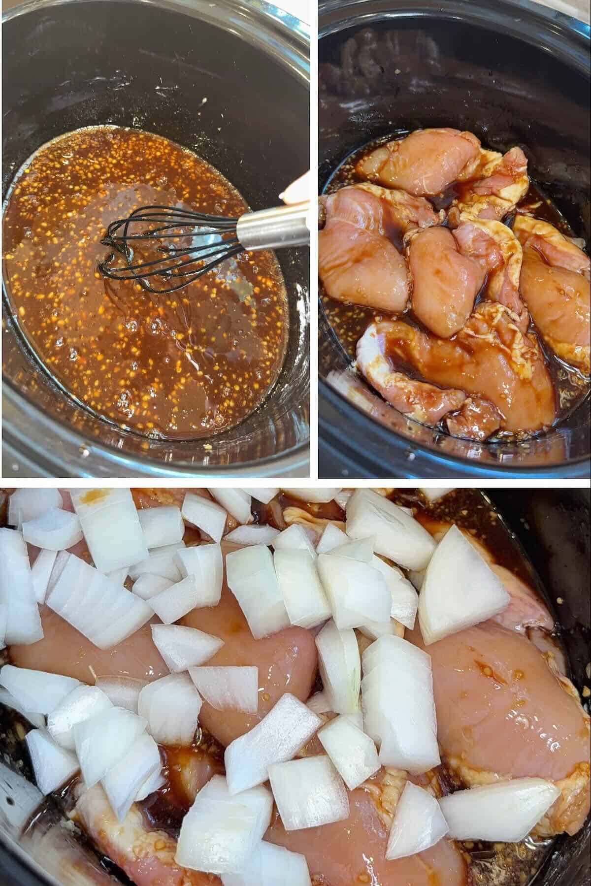 teriyaki sauce in the crockpot with chicken thighs and sliced onion