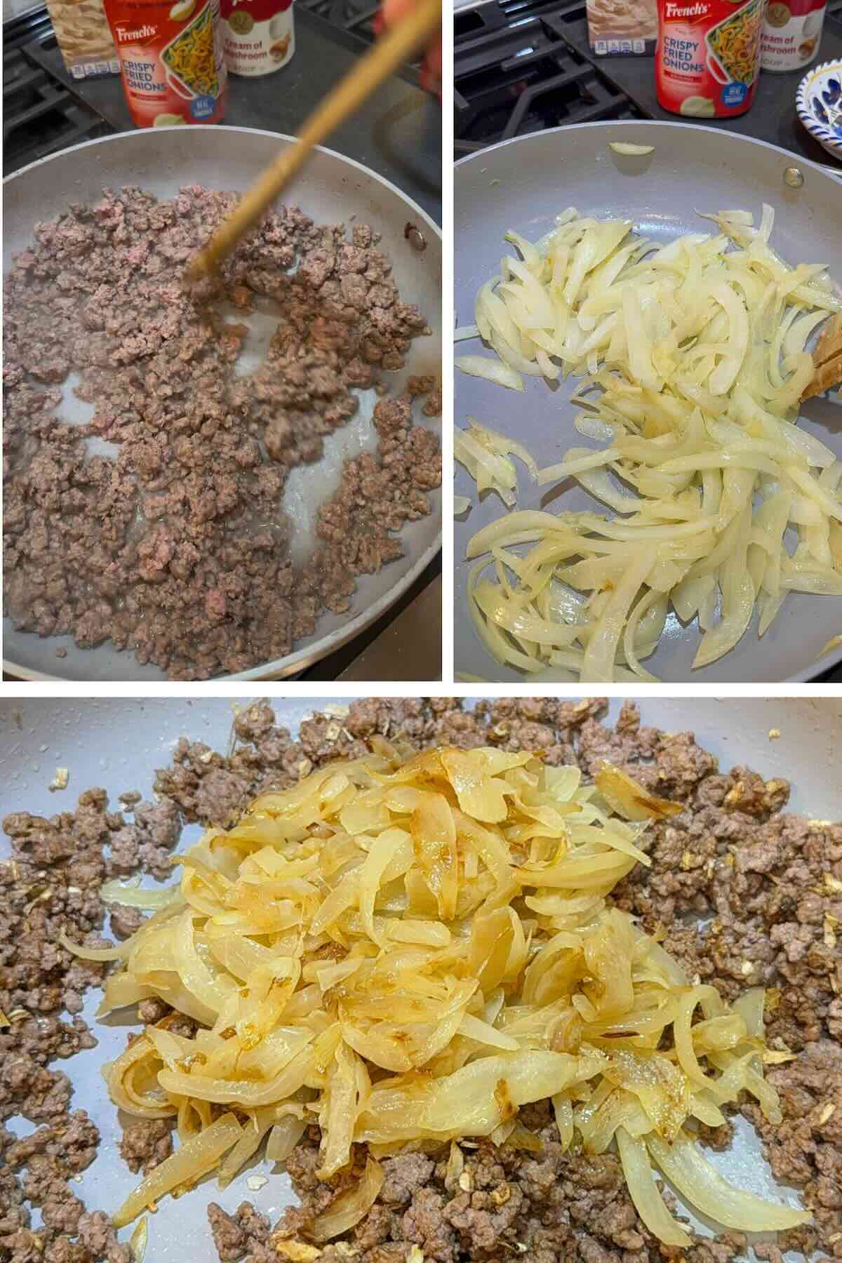 ground beef in skillet browning with sauteed onions