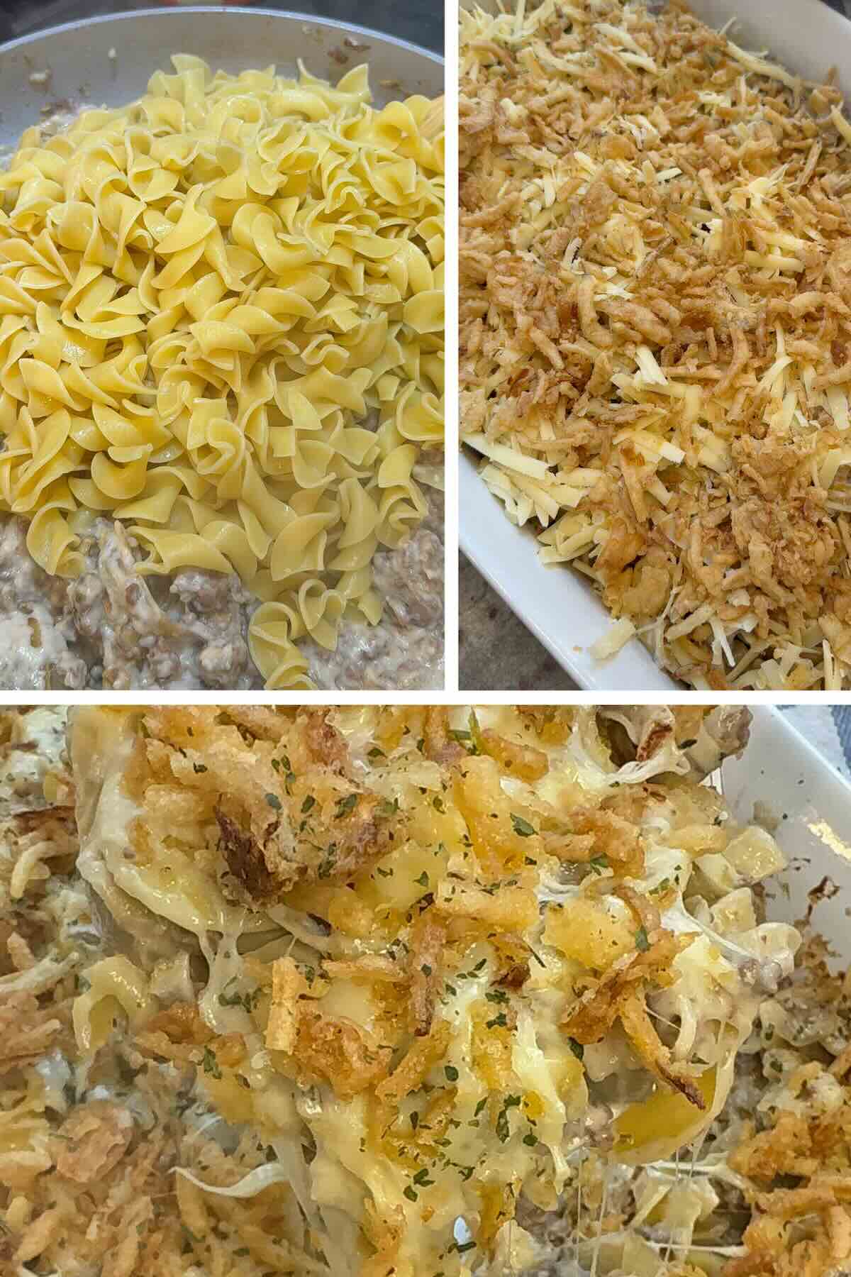 egg noodles folded into beef and mushroom soup mixture, spread into a baking dish and topped with cheese and french fried onions
