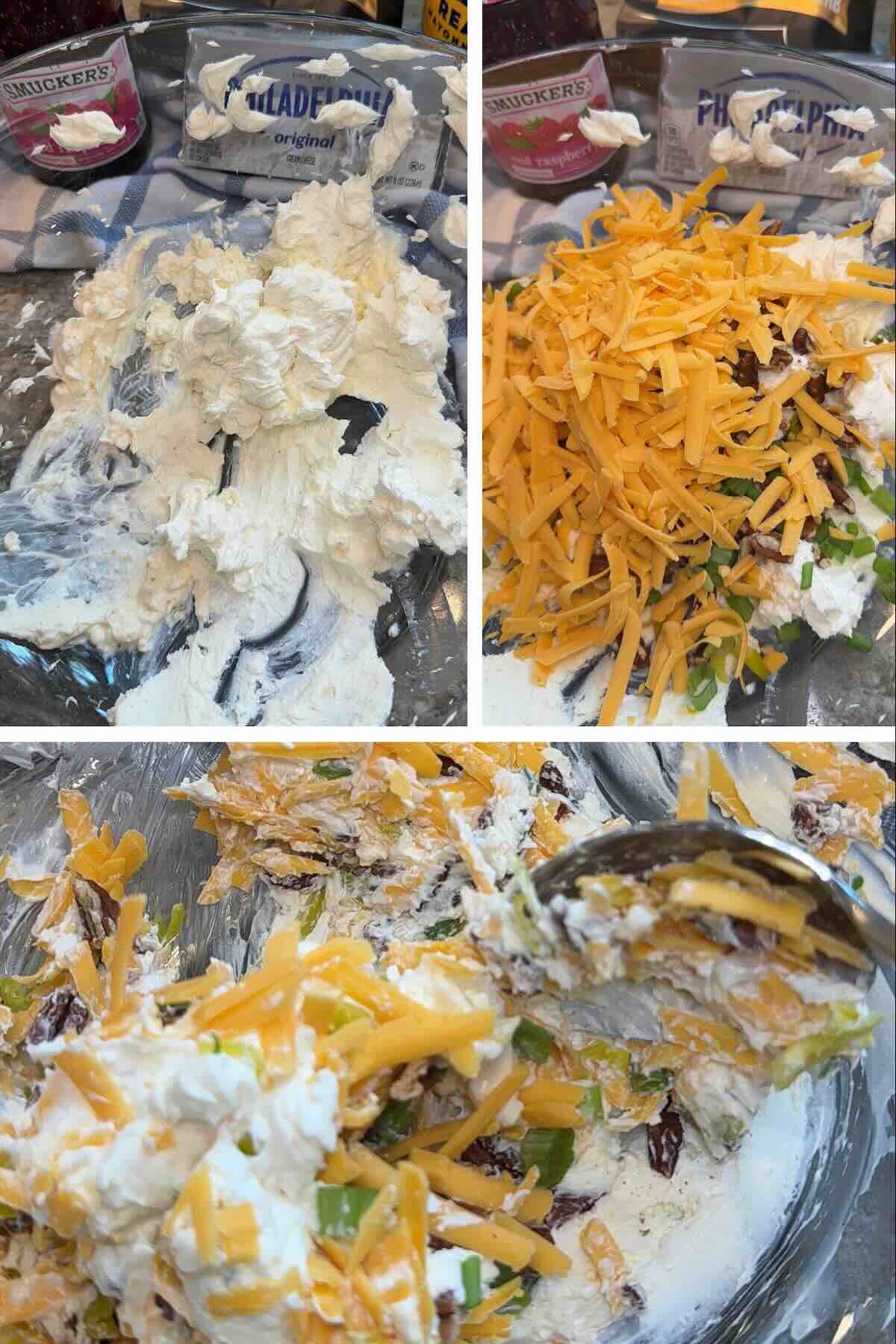 Cream cheese, mayonnaise, pecans, jalapenos, green onions and cheddar cheese mixed together.