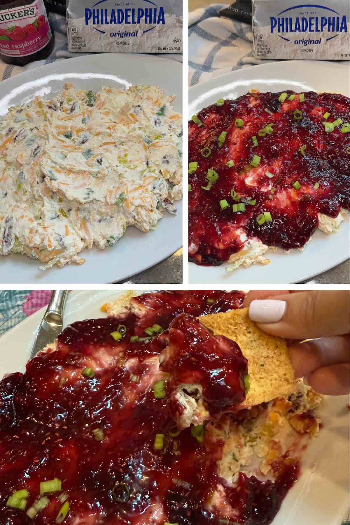 cream cheese mixture spread onto a serving plate with raspberry jam on top