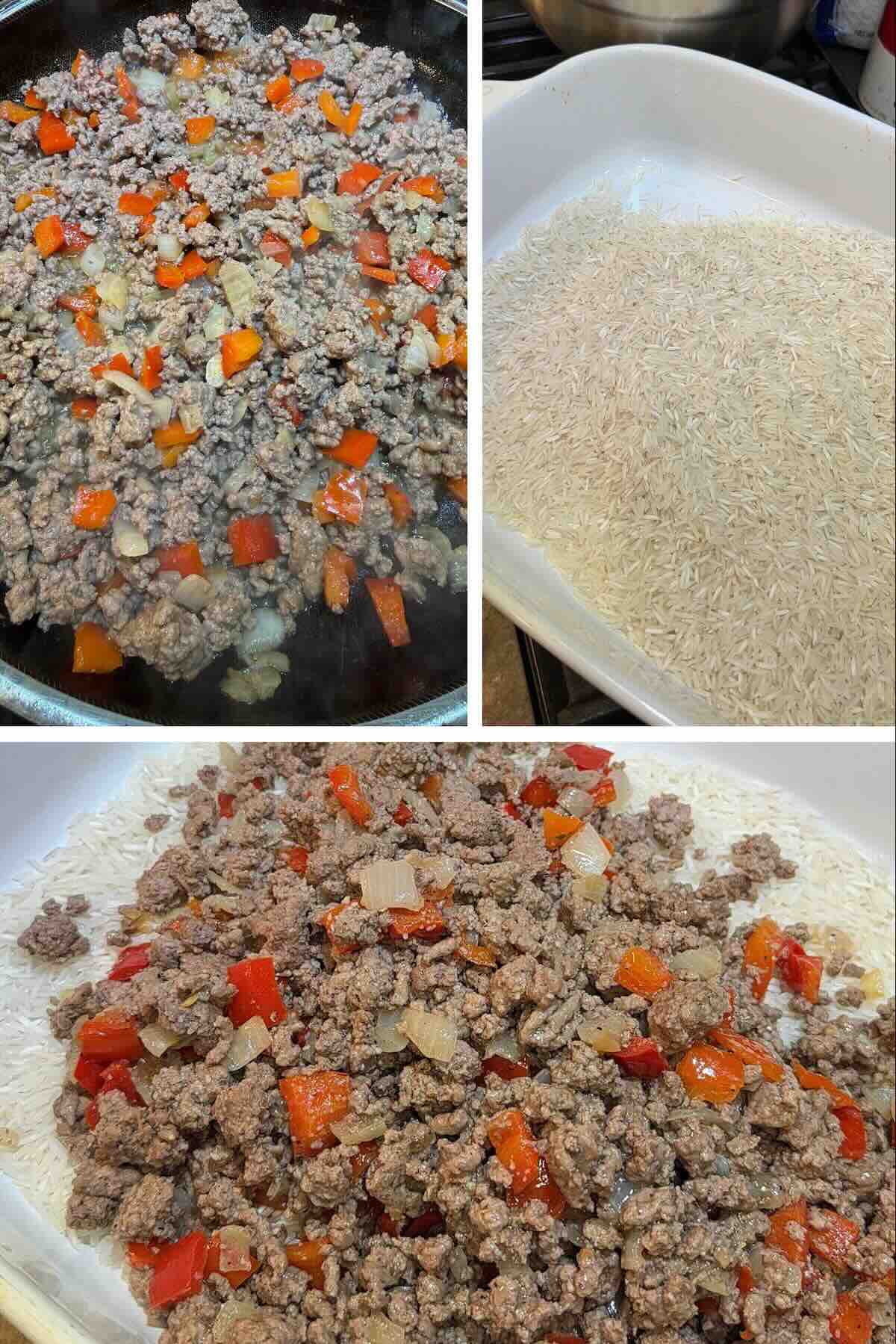 basmati rice on a baking dish topped with ground beef, peppers and onions mixture