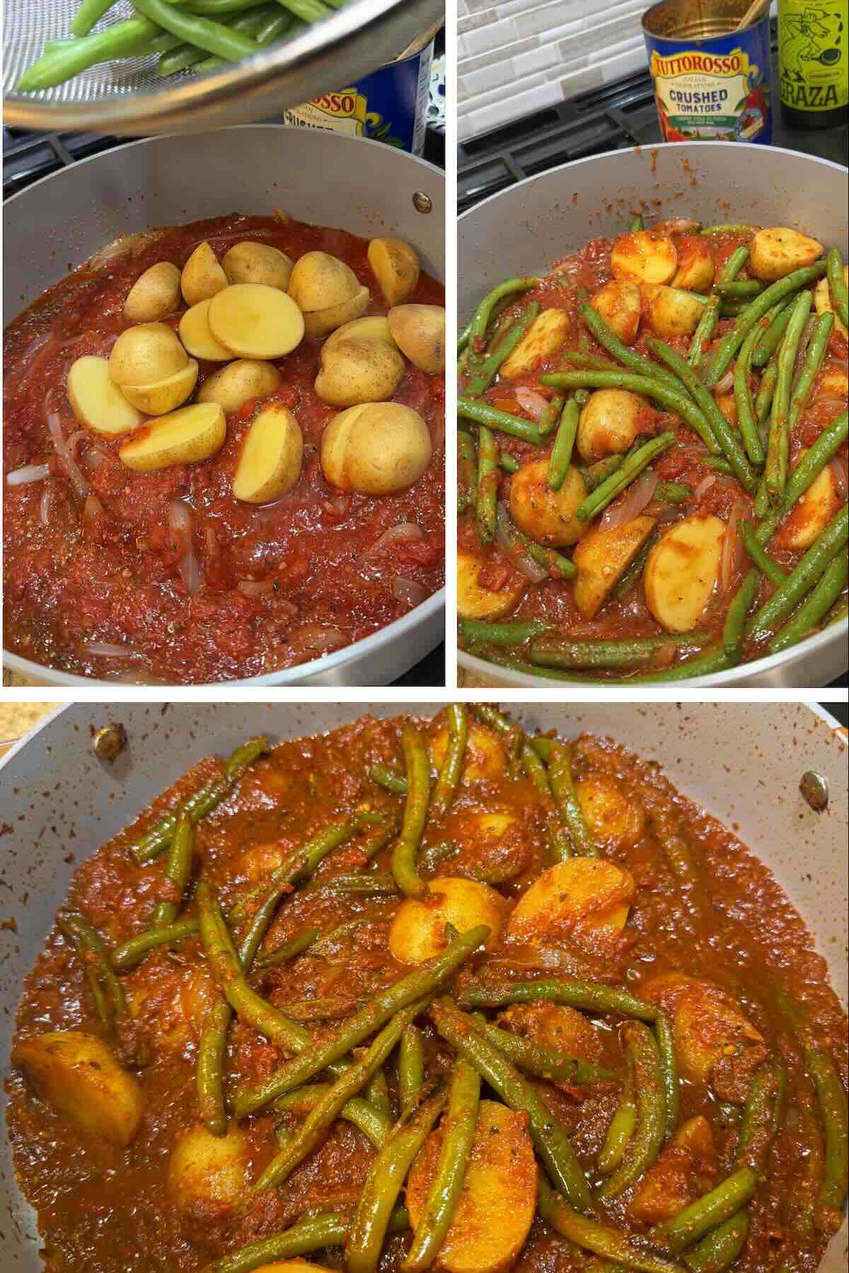 slice potatoes and gree beans added to tomato sauce