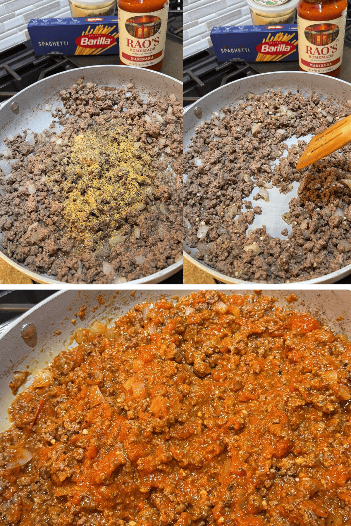 cooked ground beef in skillet with marinara sauce