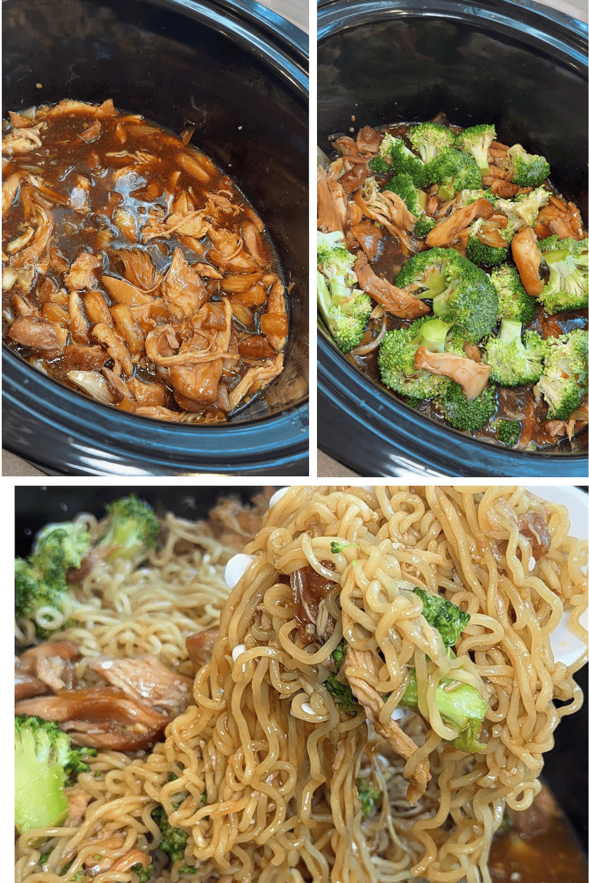 broccoli added to the crockpot with shredded chicken and ramen noodles