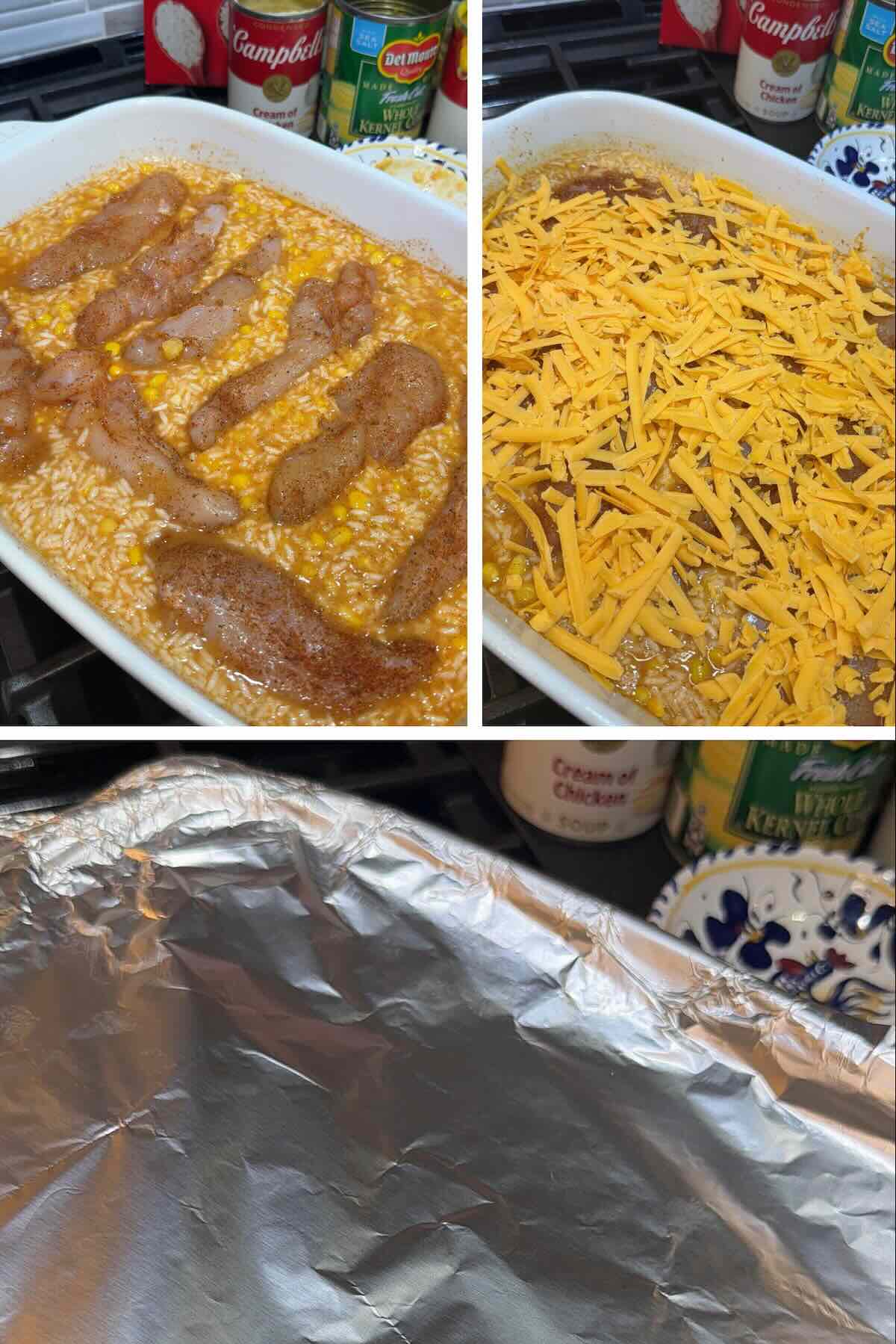 seasoned tenderloins placed on top of rice and topped with cheddar cheese