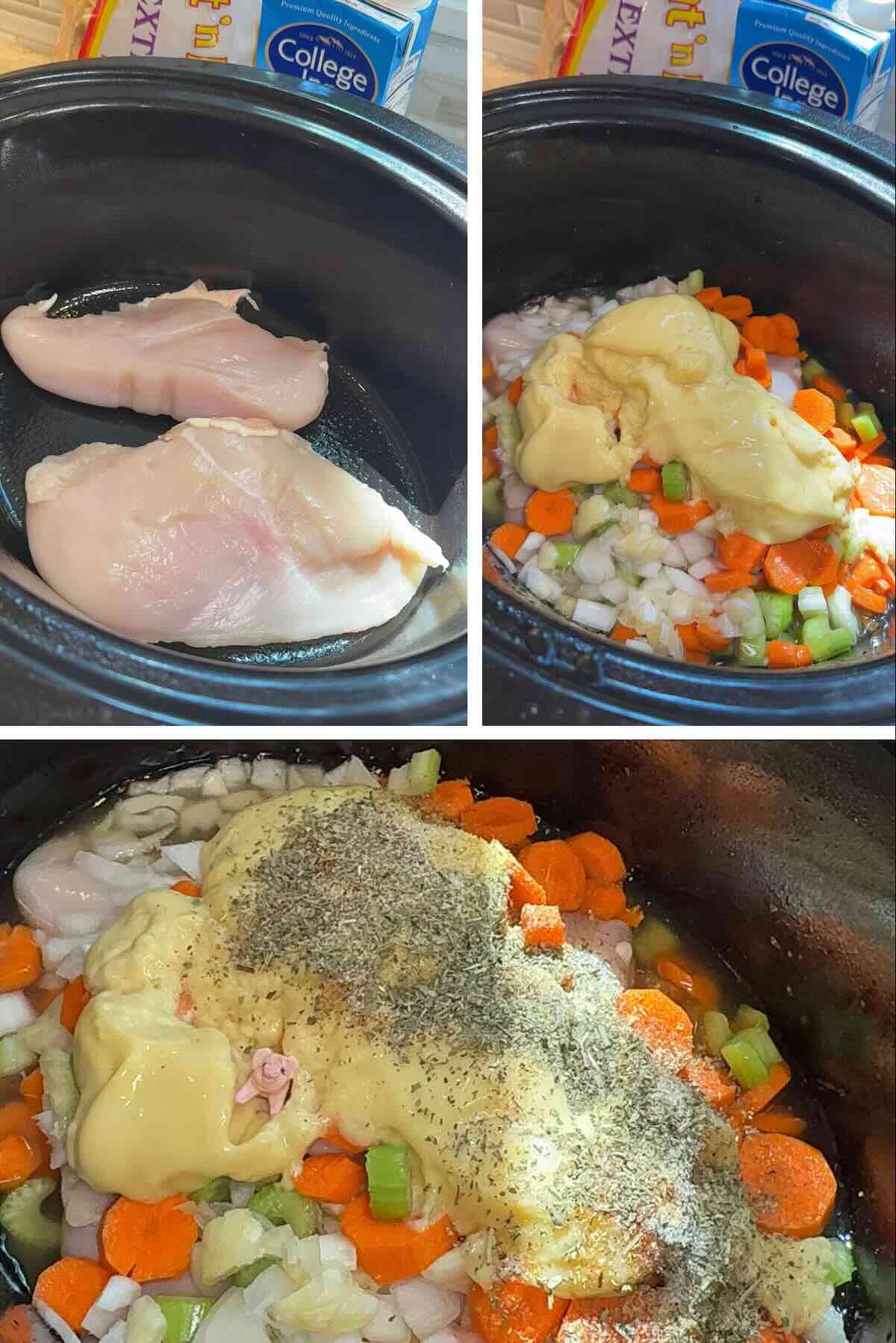 Chicken breast in crockpot topped with copped celery, carrot and onion, cream of chicken soup and chicken broth