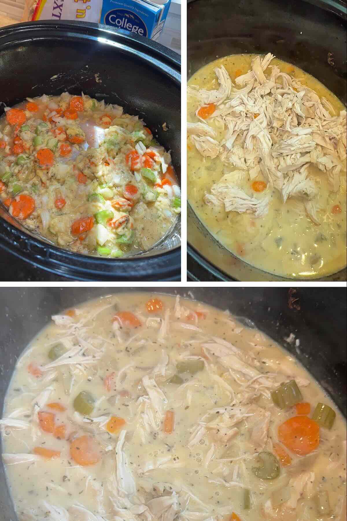 shredded chicken stirred into crockpot with carrots, celery and onion