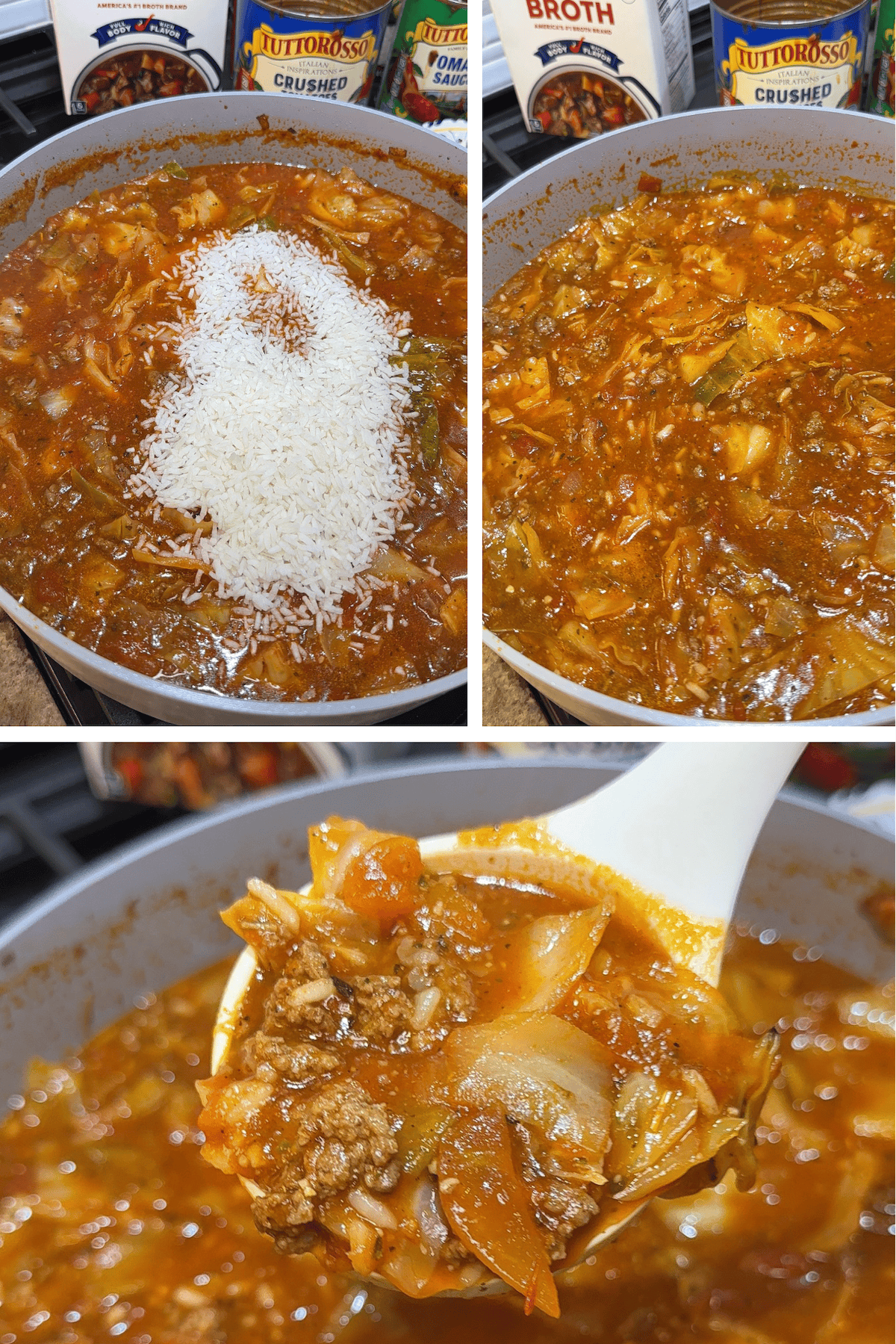 white rice stirred into cabbage soup