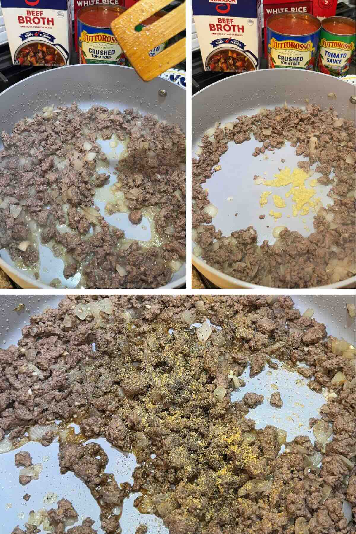 browned ground beef in skillet with seasoning and worcestershire sauce
