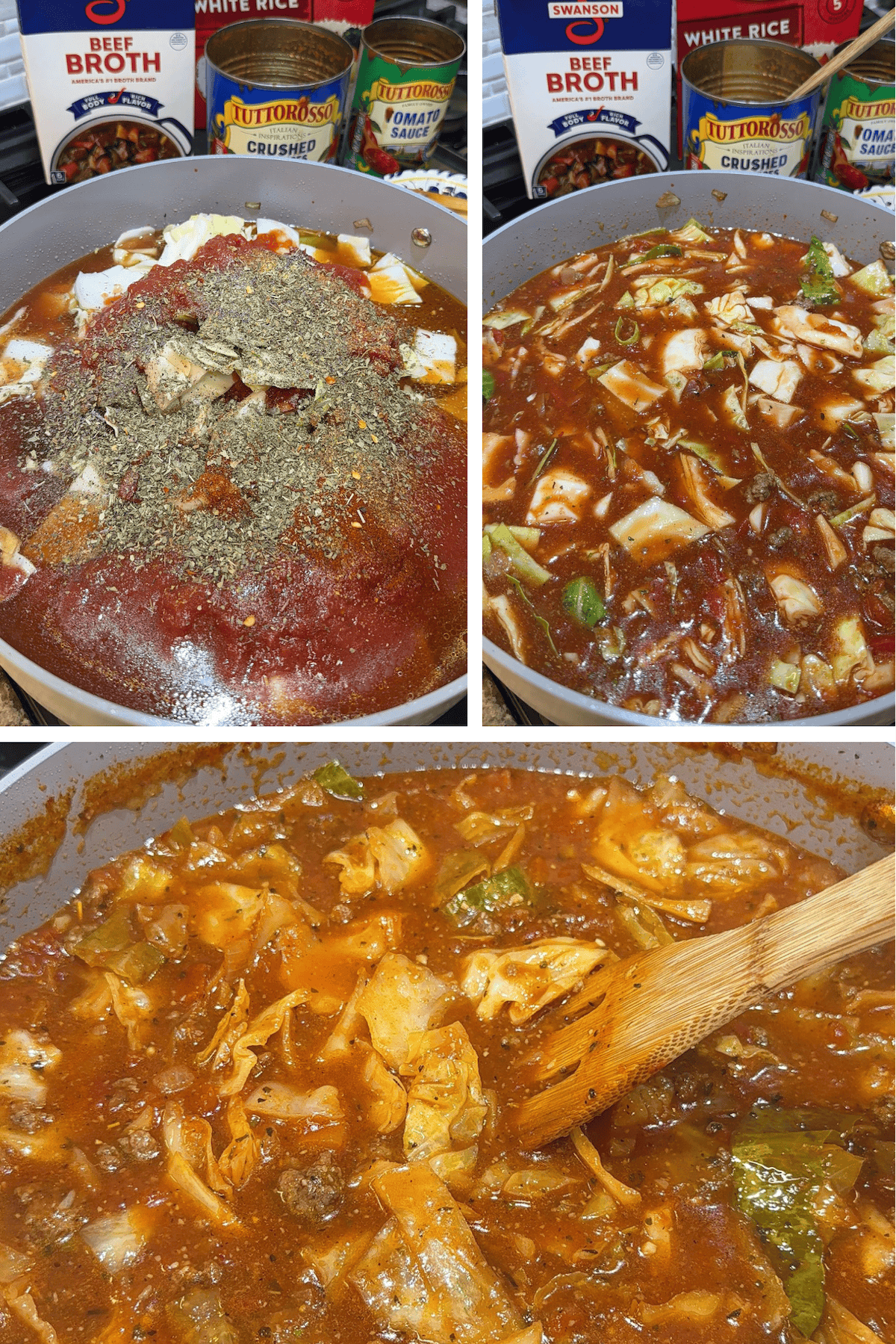 cabbage, crushed tomatoes and tomato sauce added to the ground beef mixture