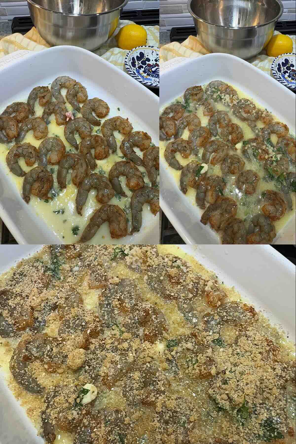 seasoned shrimp in baking dish with butter and seasoned breadcrumbs