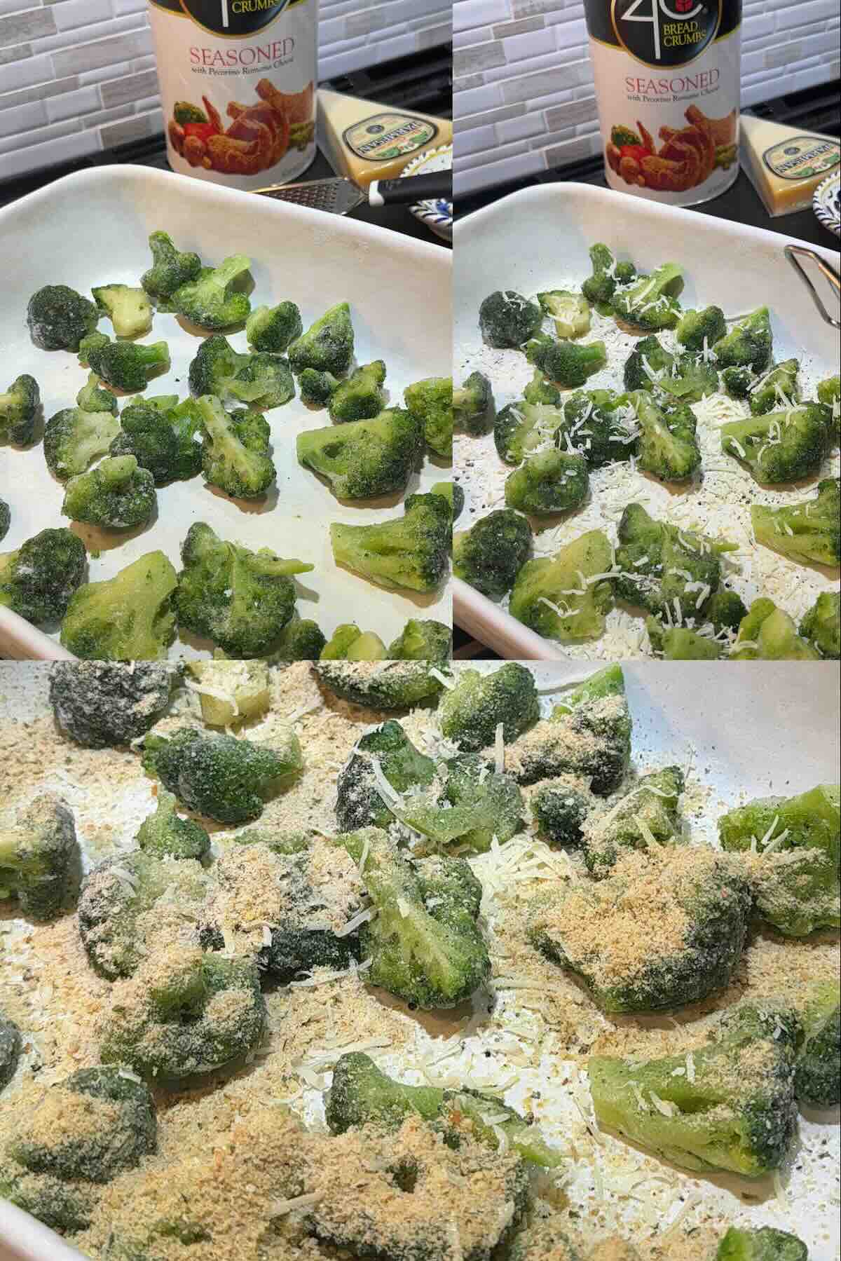 frozen broccoli in baking dish topped with parmesan cheese and breadcrumbs