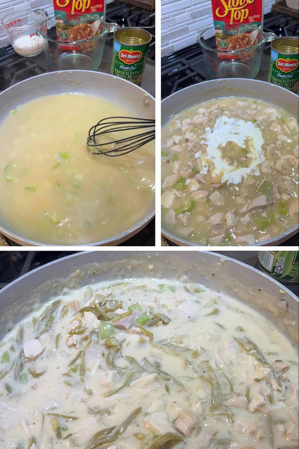 chicken broth whisked into the vegetables and flour with sour cream and cream added