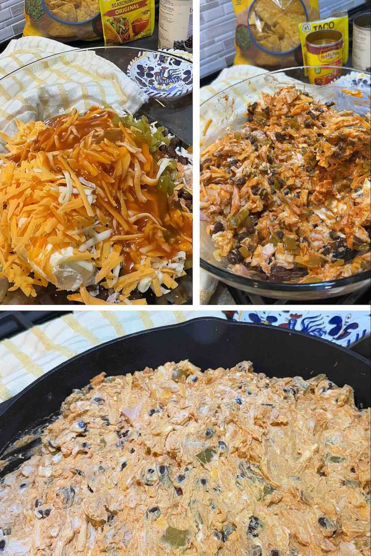 chicken enchilada ingredients in a bowl, mixed and added to a cast iron skillet