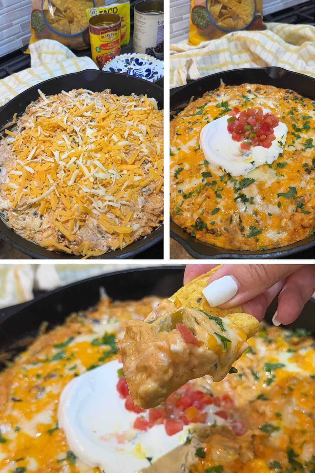 chicken enchilada dip finished and garnished with sour cream and salsa