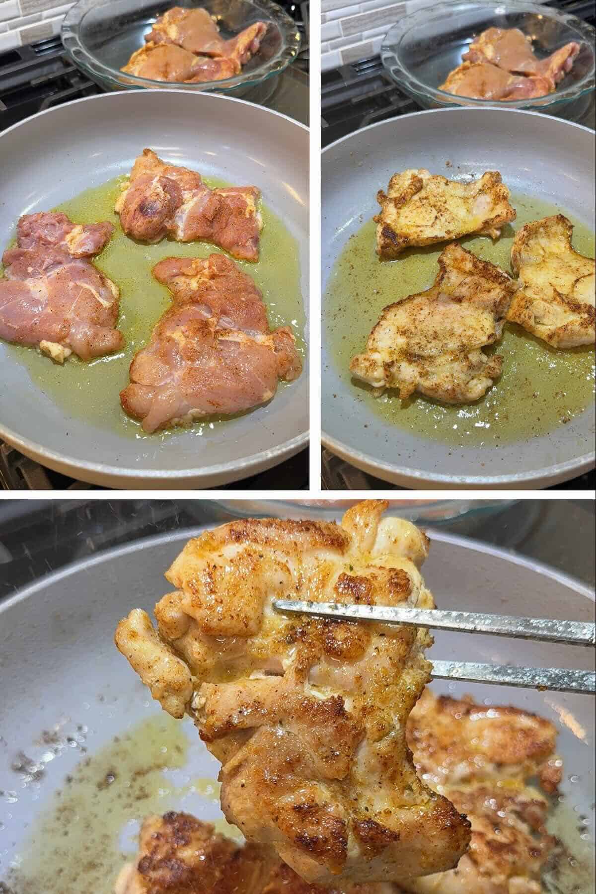 boneless, skinless chicken thighs browned in a skillet