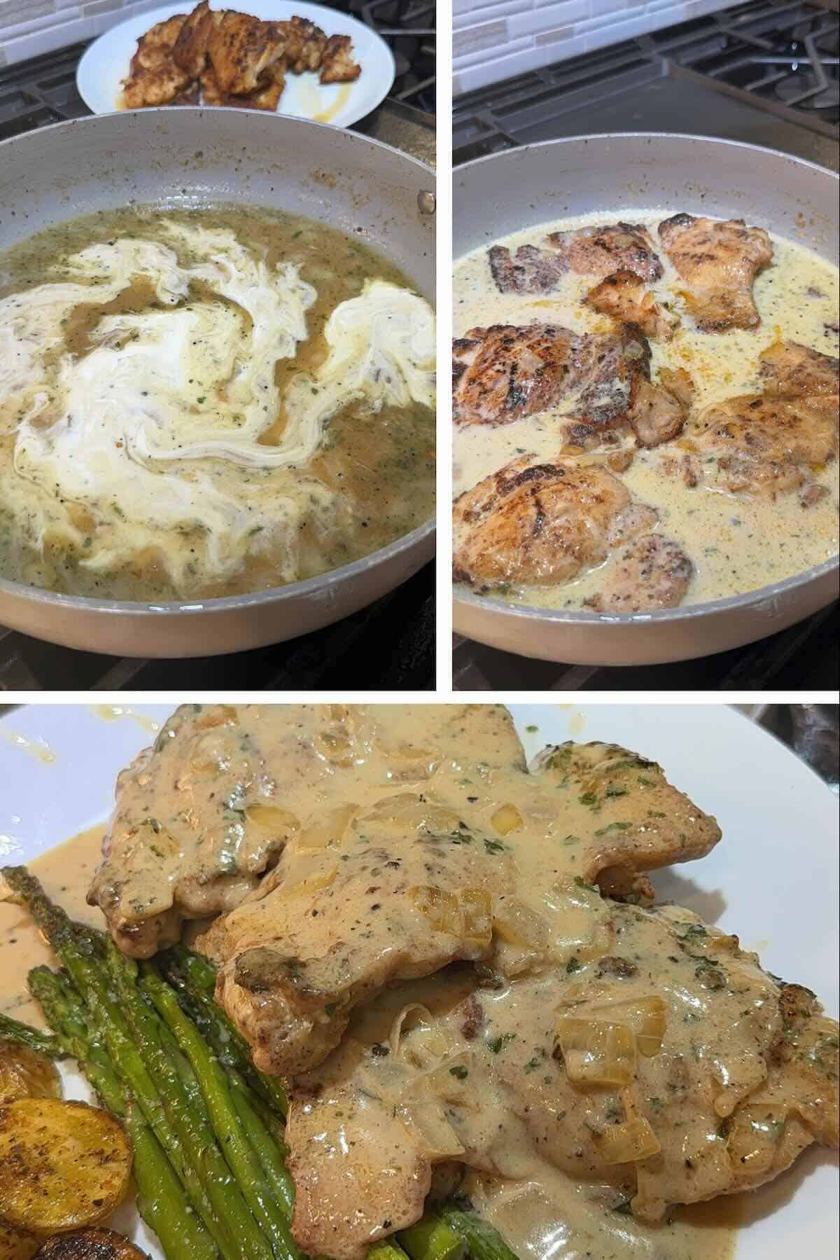 cooked chicken thighs placed back into the skillet with the creamy sauce