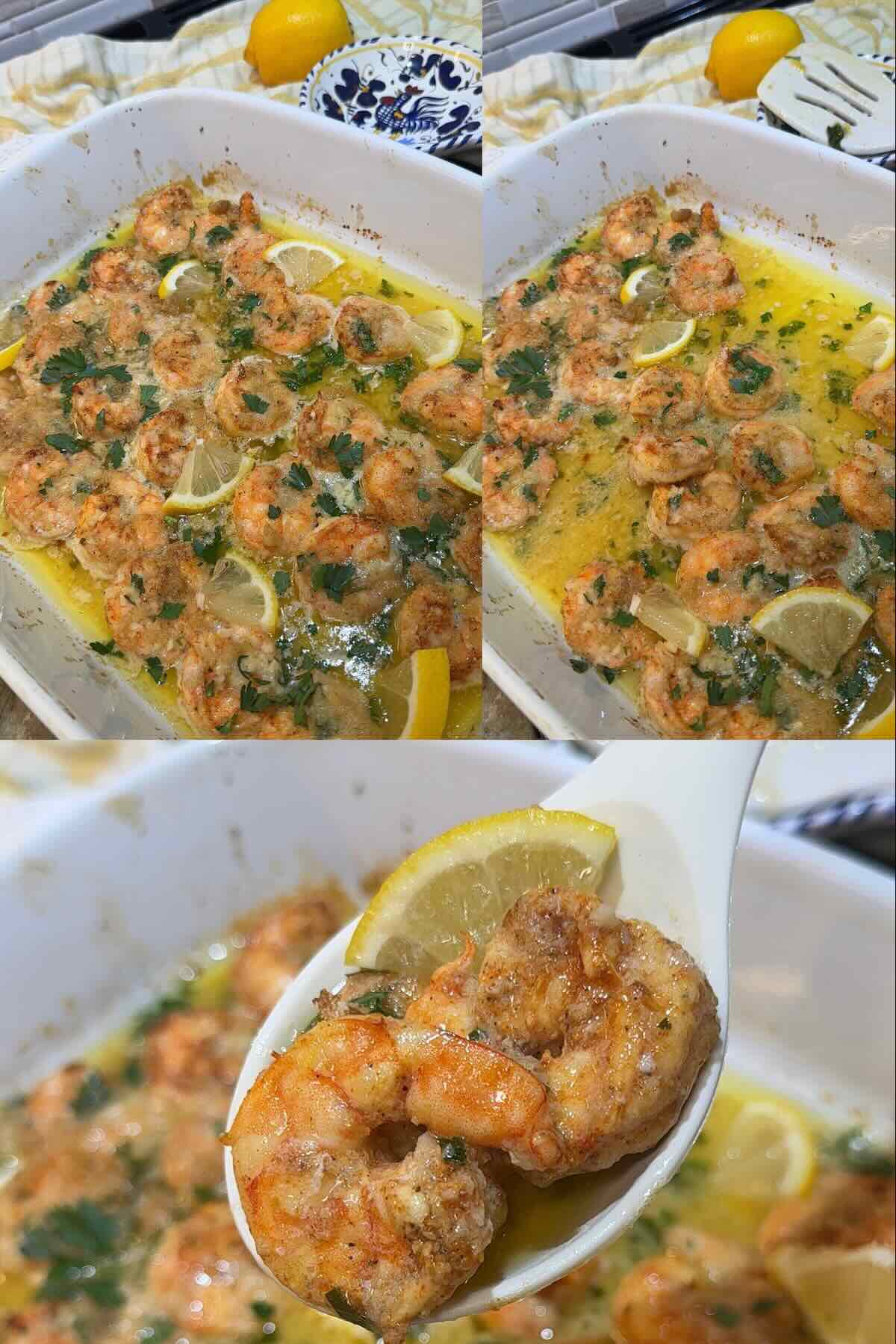 cooked shrimp scampi in baking dish