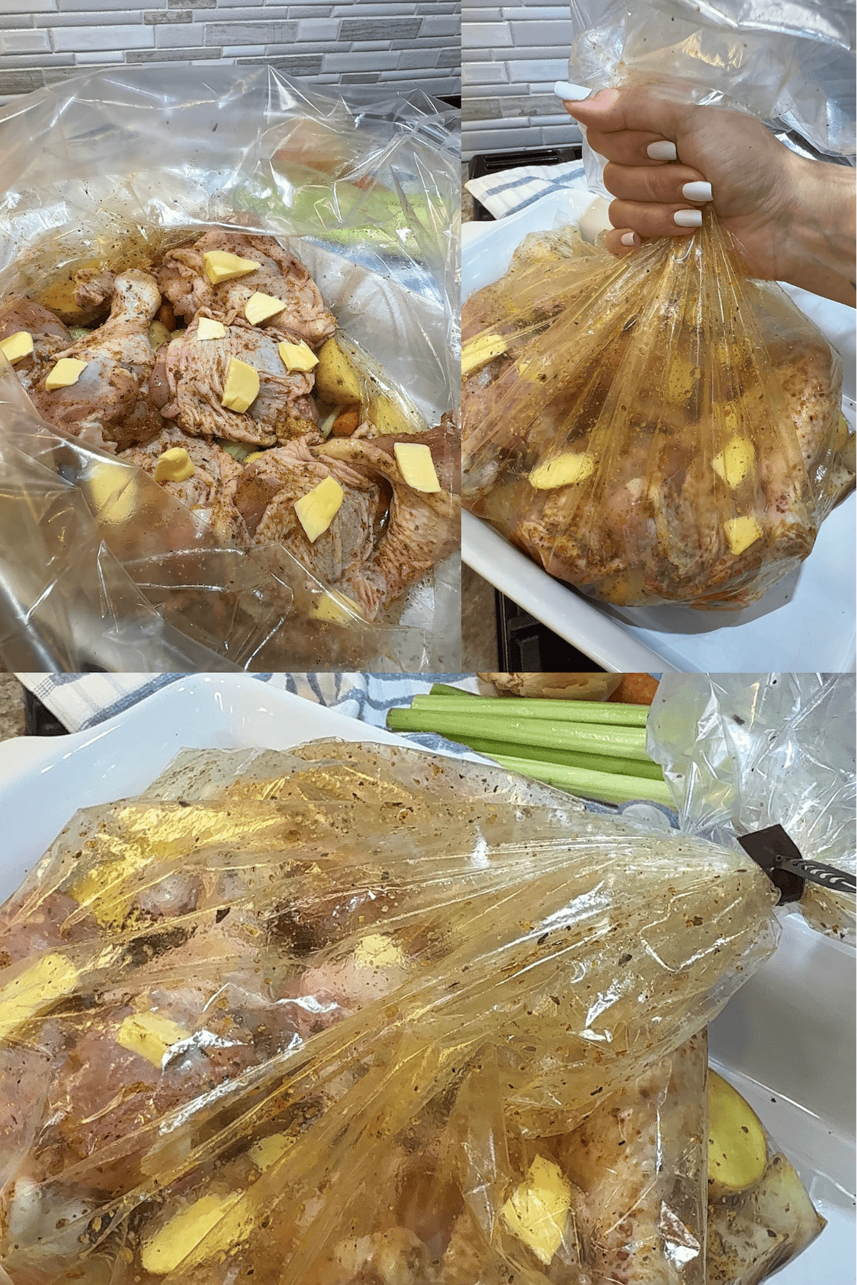 butter on top of chicken and vegetables in a sealed oven safe bag