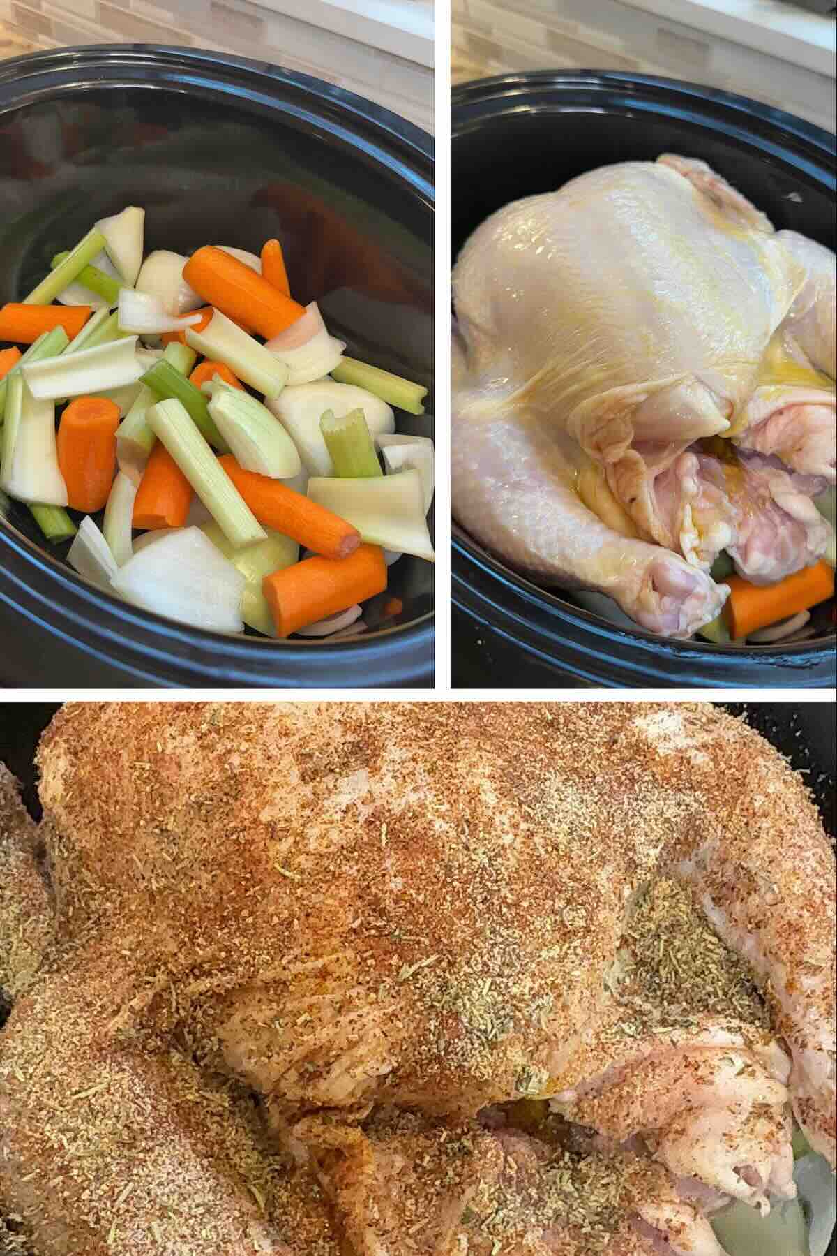Vegetables at the bottom of the crockpot with a seasoned whole chicken placed on top.