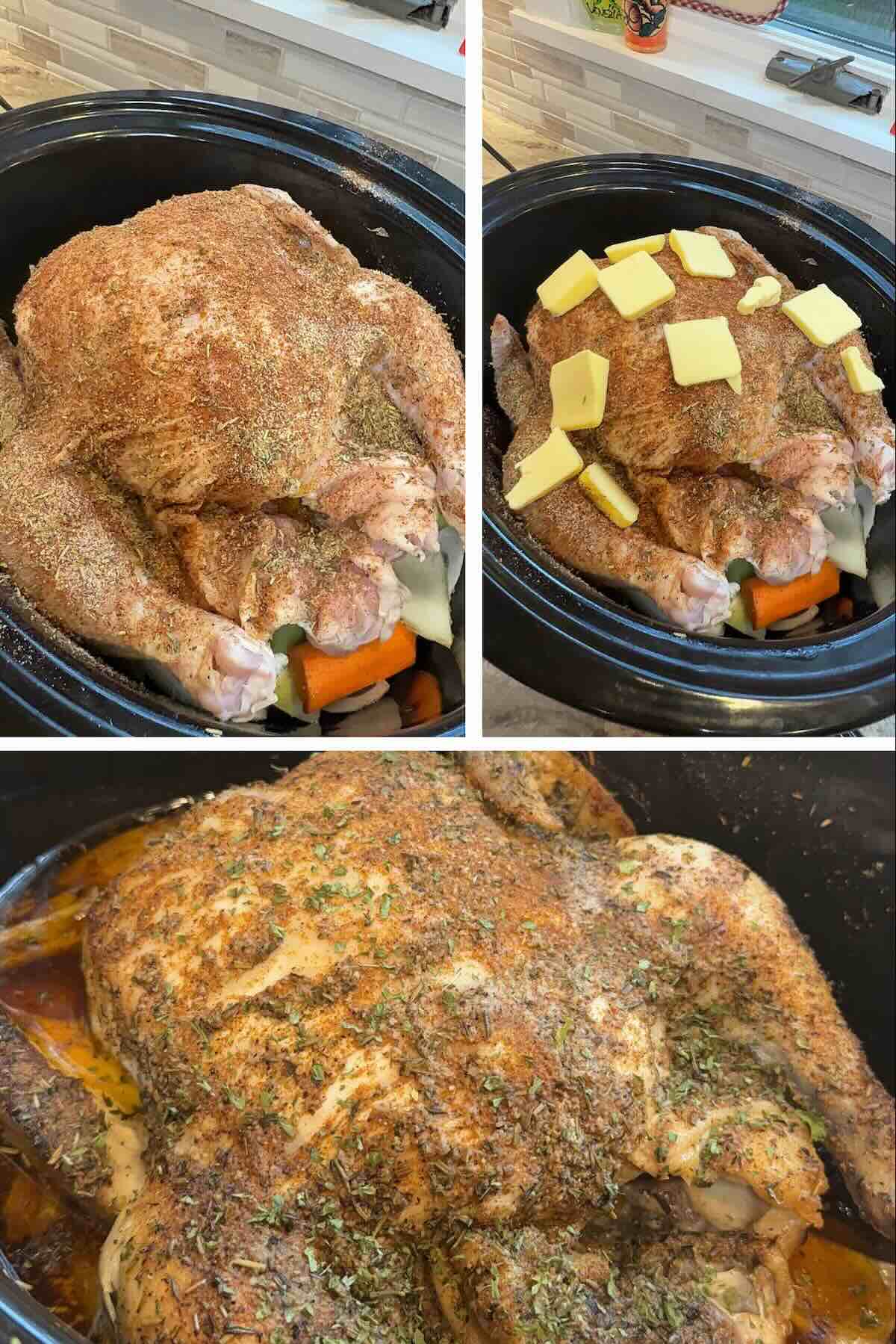 seasoned chicken in a crockpot on top of vegetables with butter on top and cooked