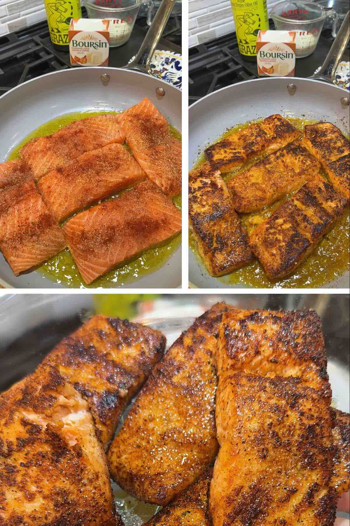seasoned salmon cooking in skillet