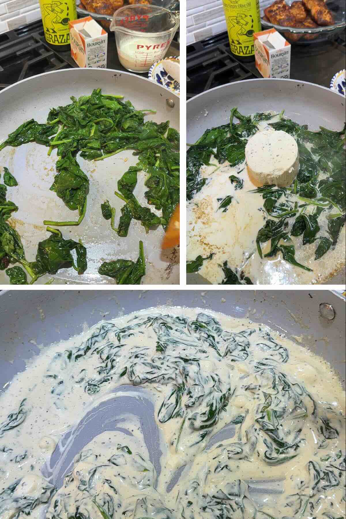 spinach wilted in skillet with boursin cheese and heavy cream