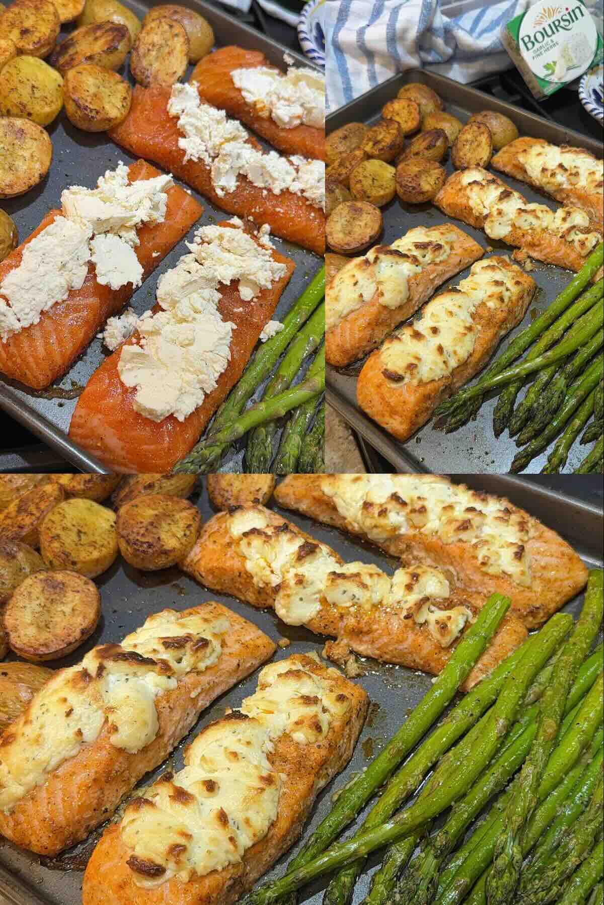 finished boursin salmon with roasted asparagus and potatoes