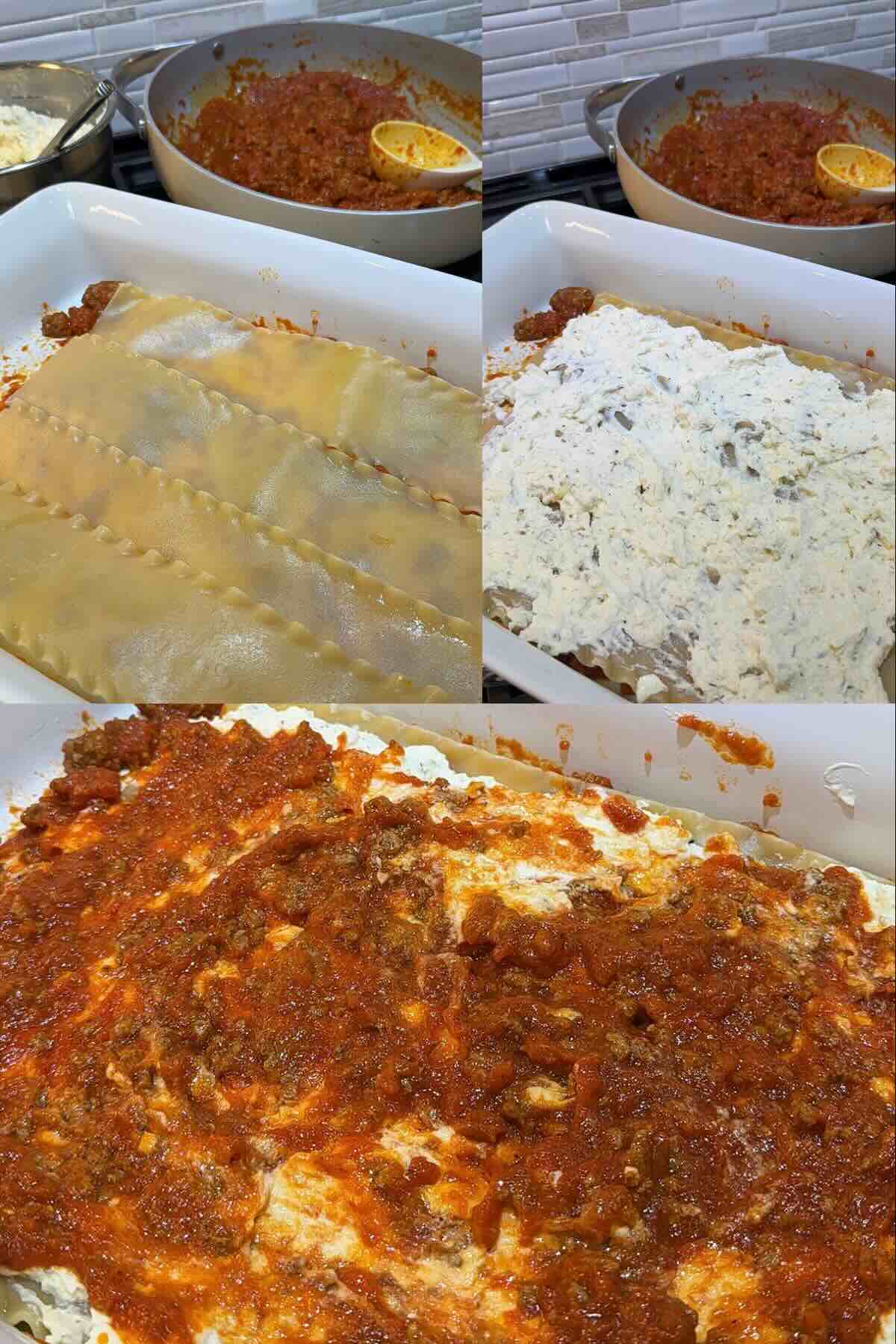 lasagna noodles at the bottom of the baking dish and topped with ricotta cheese mixture and sauce