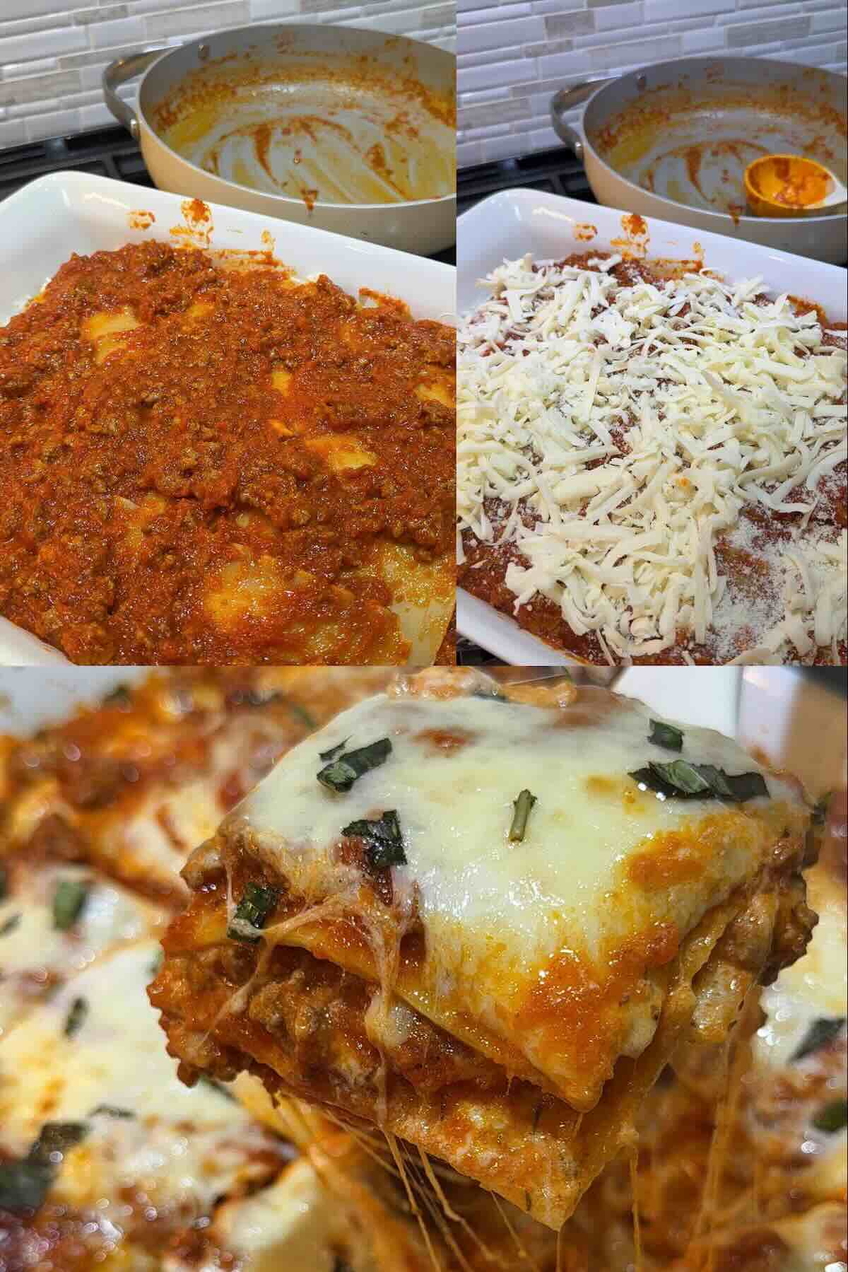 layered lasagna in baking dish
